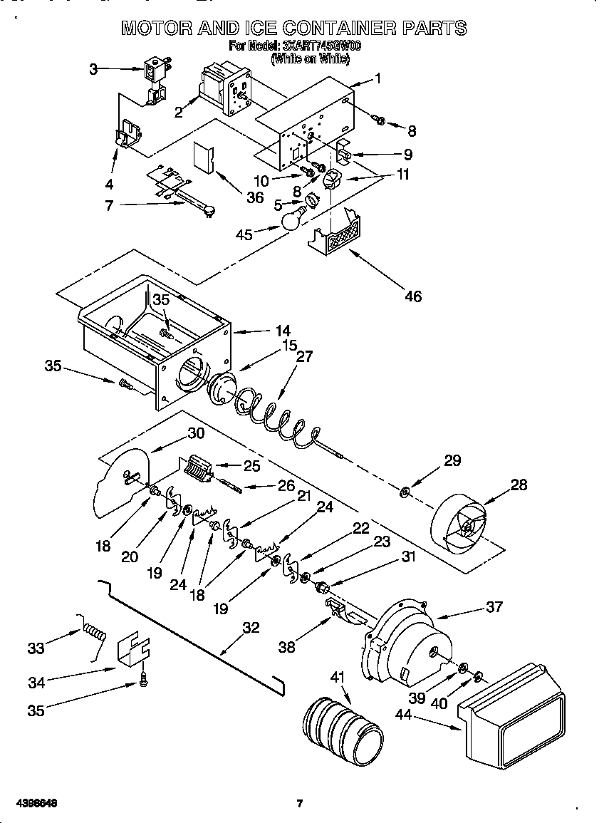 Whirlpool 3XART745GW00 motor and ice container diagram