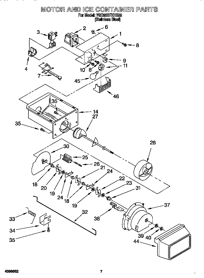 Whirlpool 7GD25SFXHS02 motor and ice container diagram