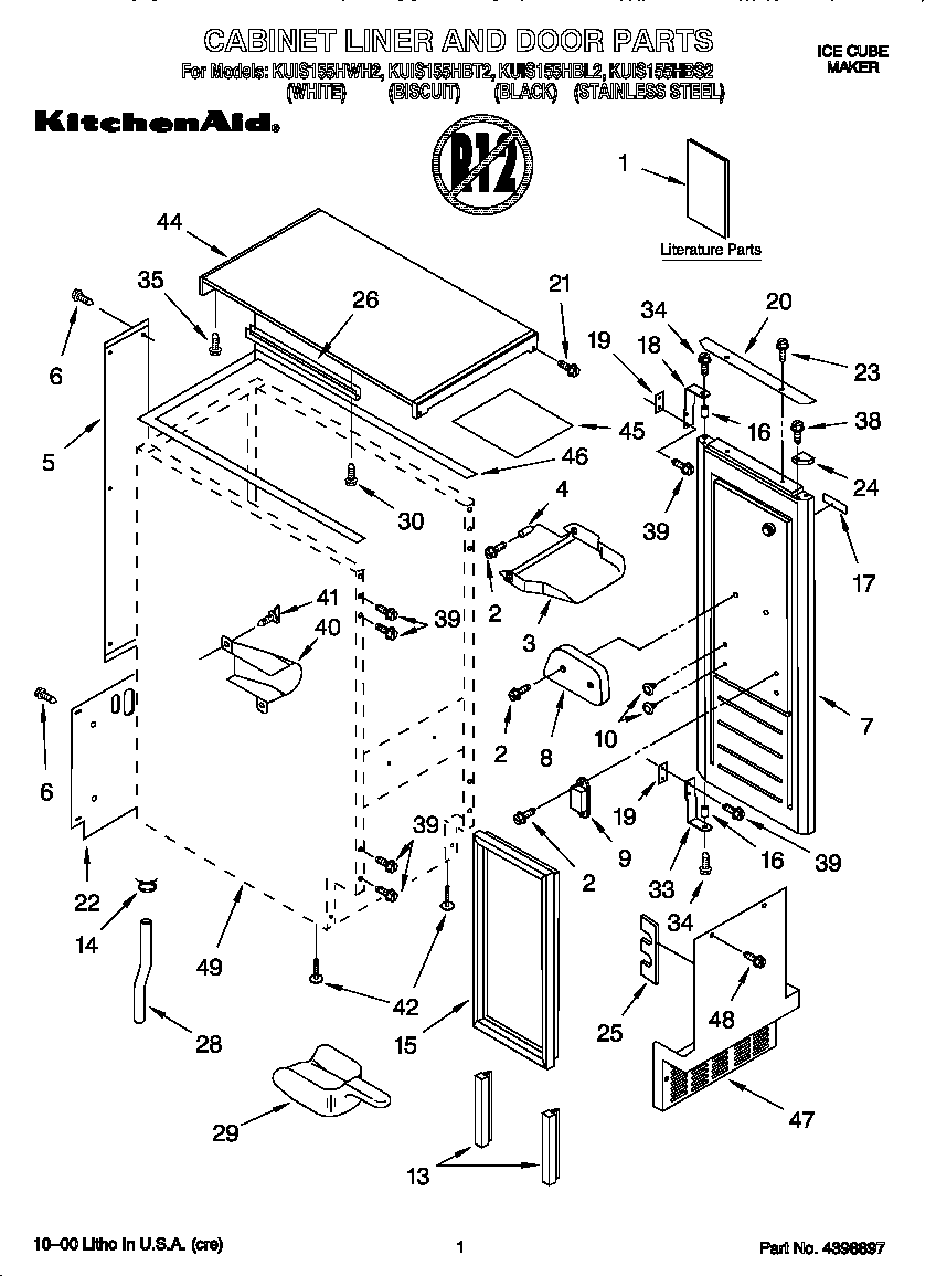 KitchenAid KUIS155HBL2 cabinet liner and door diagram