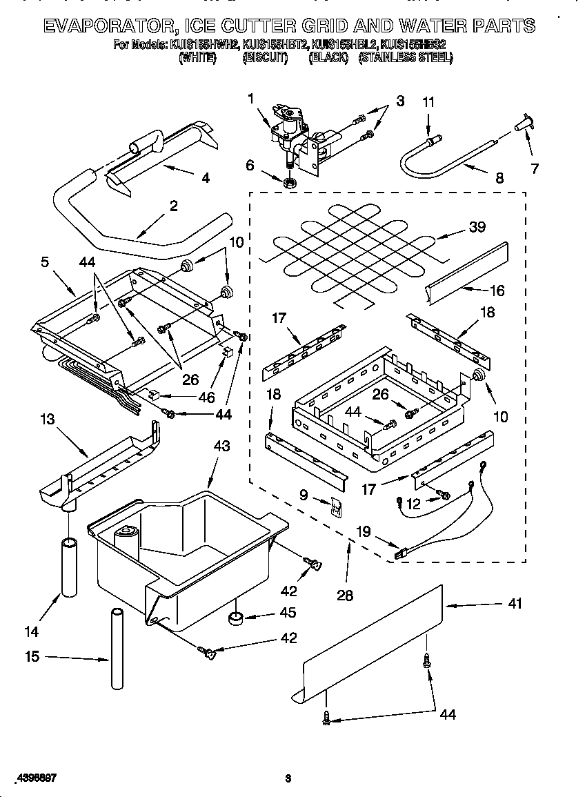 KitchenAid KUIS155HBL2 evaporator, ice cutter grid and water diagram