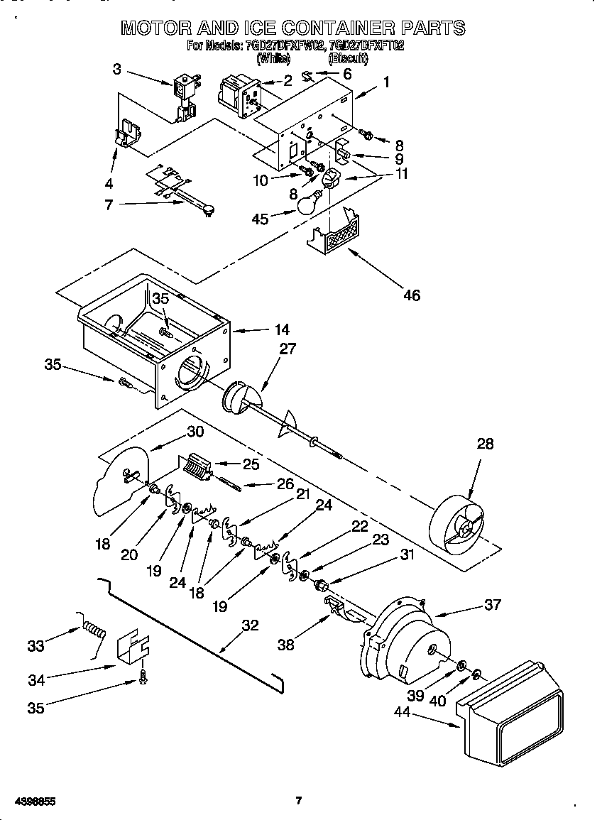 Whirlpool 7GD27DFXFT02 motor and ice container diagram