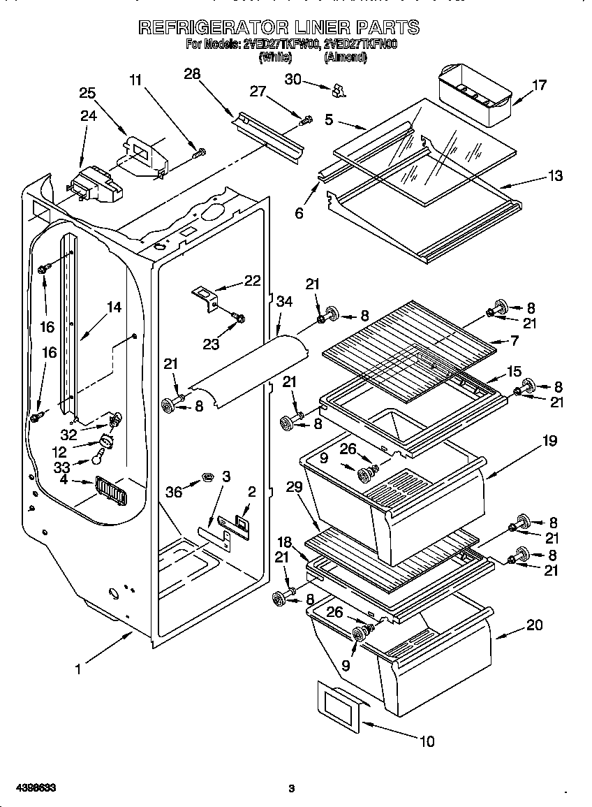 Whirlpool 2VED27TKFW00 refrigerator liner diagram