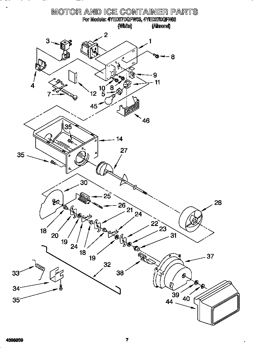 Whirlpool 4YED27DQFW03 motor and ice container diagram