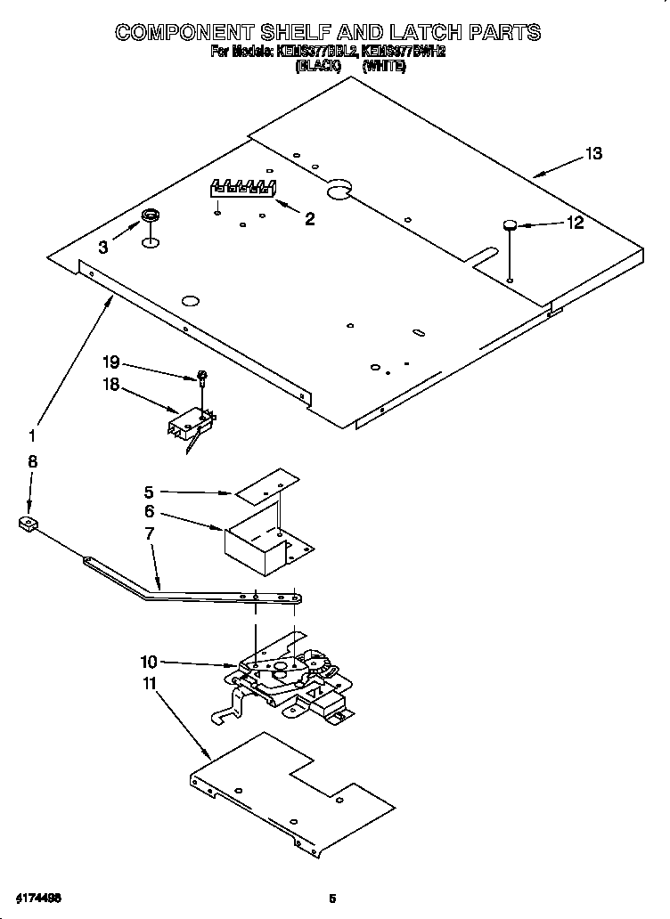 KitchenAid KEMS377BBL2 component shelf and latch diagram