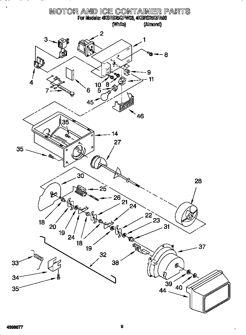 KitchenAid 4KSRS25QFA03 motor and ice container diagram