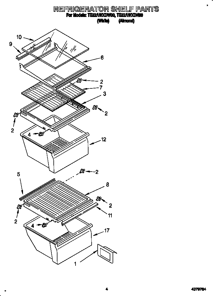 Whirlpool TS22AWXDW00 refrigerator shelf diagram