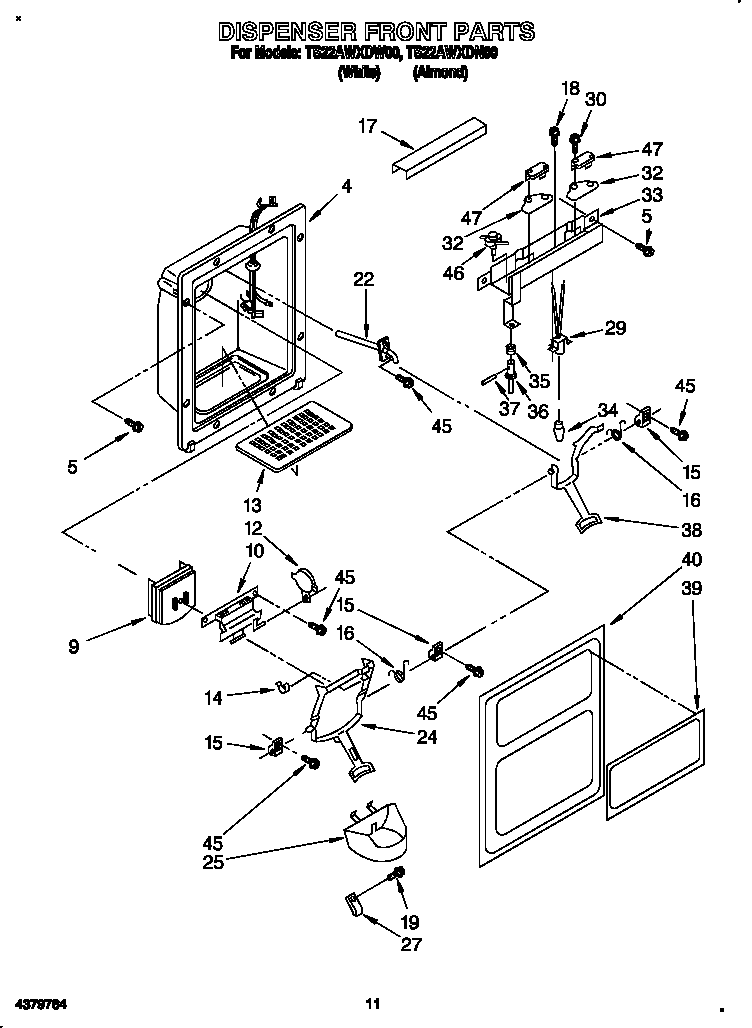 Whirlpool TS22AWXDW00 dispenser front diagram