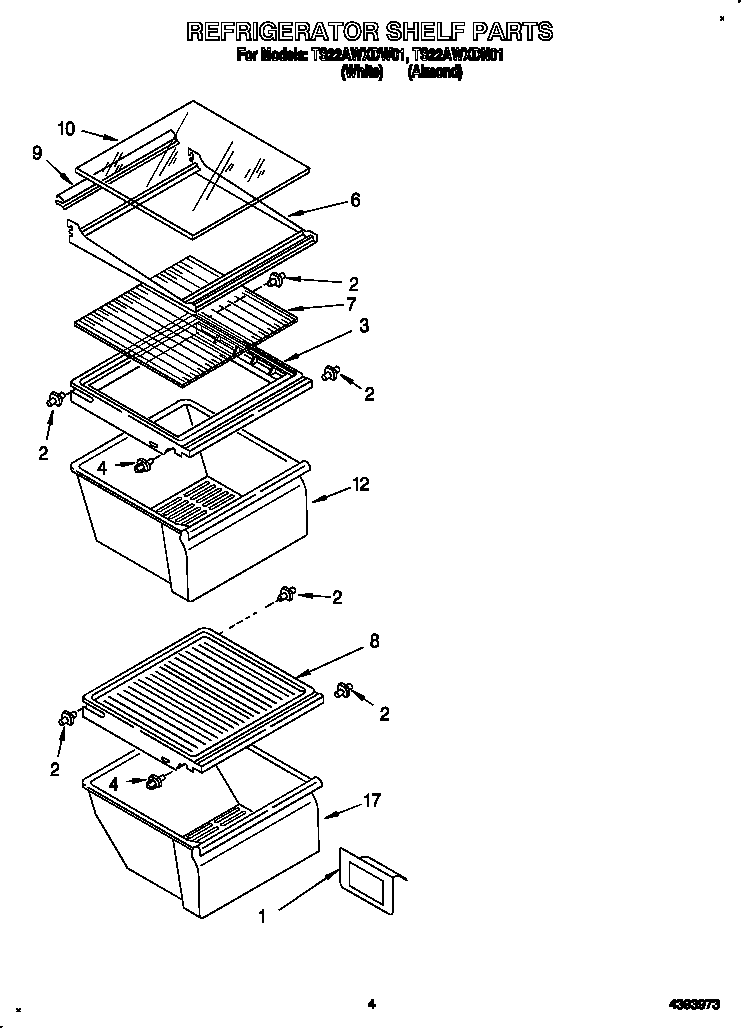 Whirlpool TS22AWXDW01 refrigerator shelf diagram