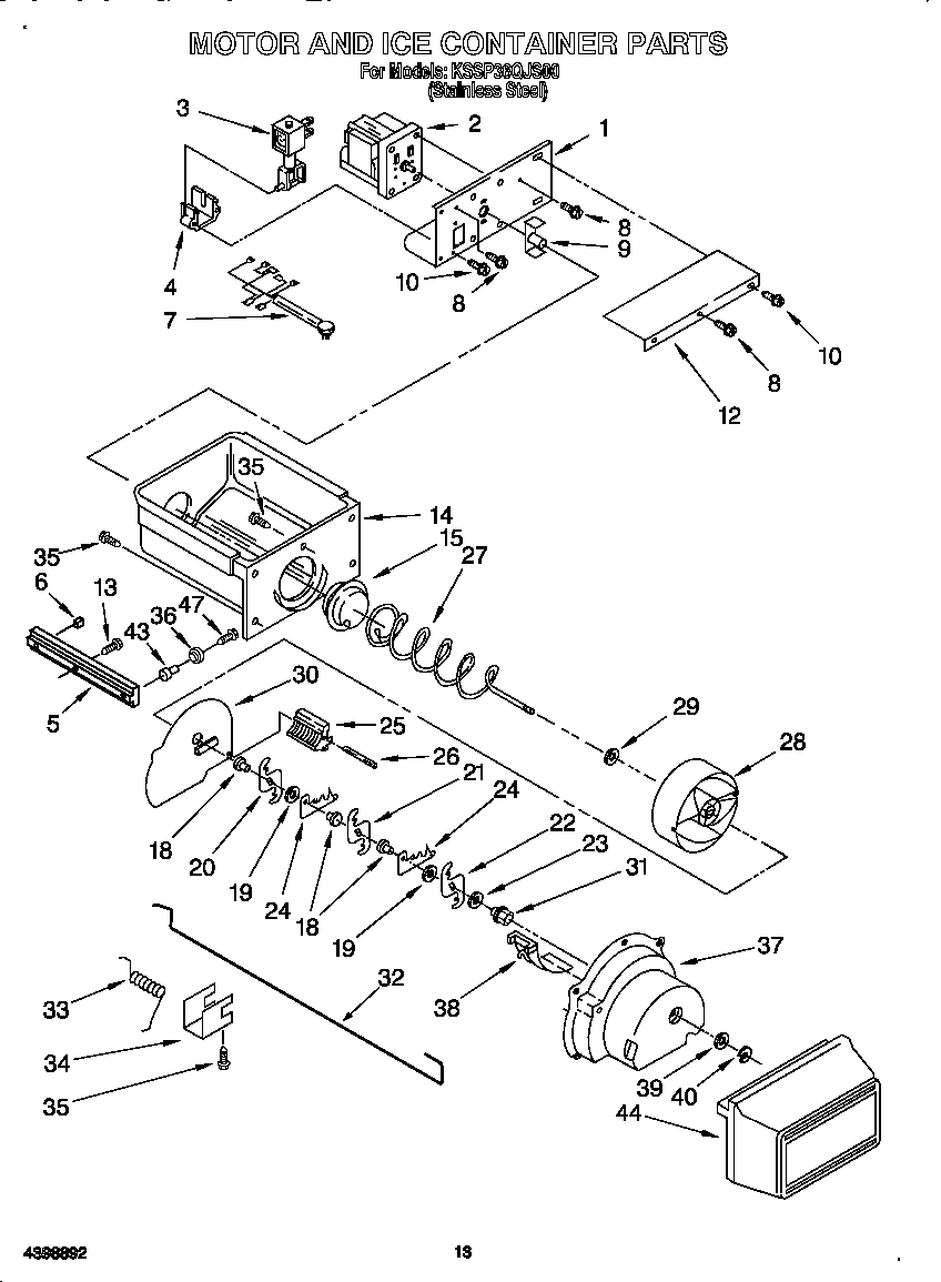KitchenAid KSSP36QJS00 motor and ice container diagram