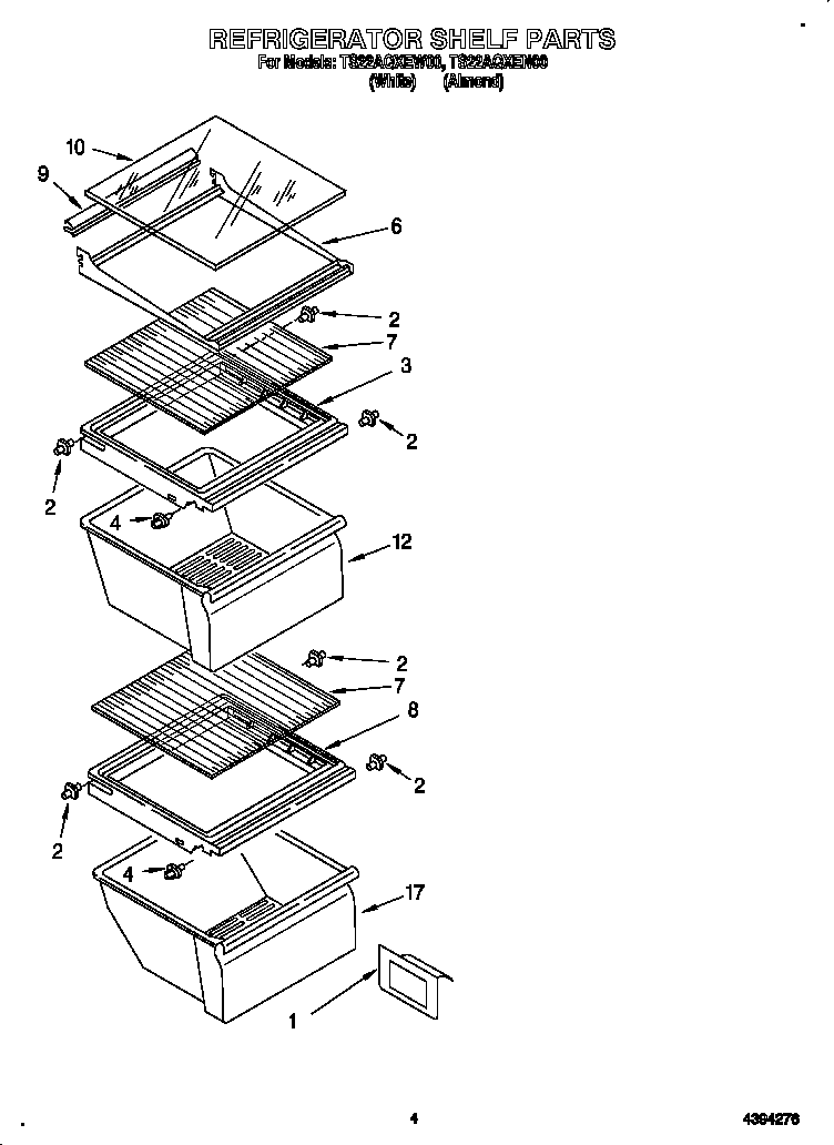 Whirlpool TS22AQXEN00 refrigerator shelf diagram