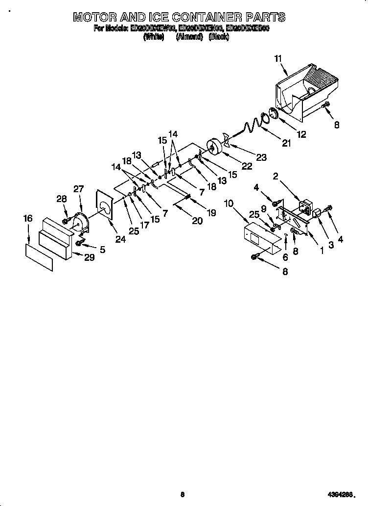 Whirlpool ED20DBXEB00 motor and ice container diagram