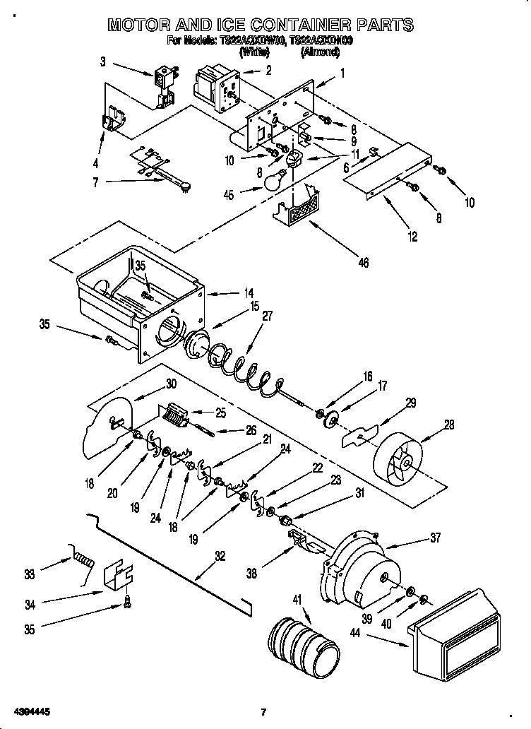 Whirlpool TS22AQXDW00 motor and ice container diagram