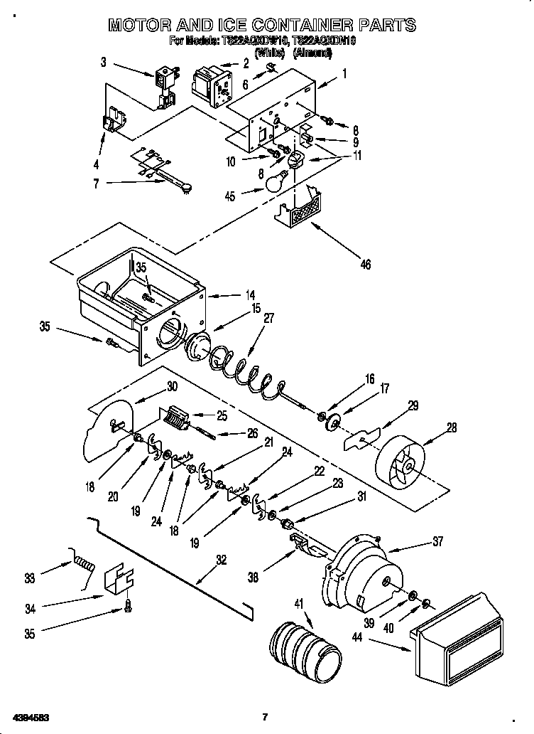 Whirlpool TS22AQXDW10 motor and ice container diagram