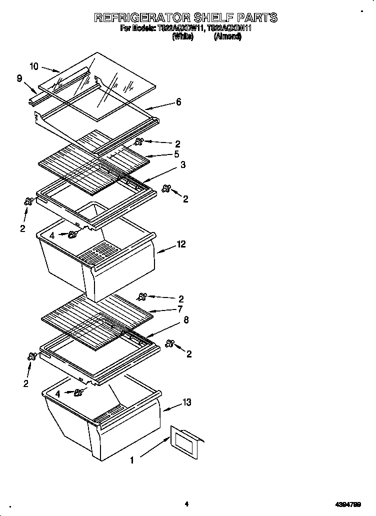 Whirlpool TS22AQXDN11 refrigerator shelf diagram