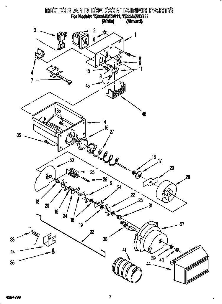 Whirlpool TS22AQXDN11 motor and ice container diagram