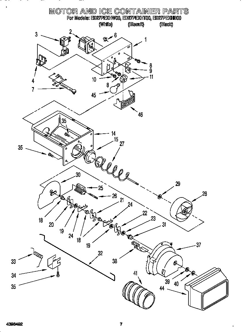 Whirlpool ED27PEXHB00 motor and ice container diagram