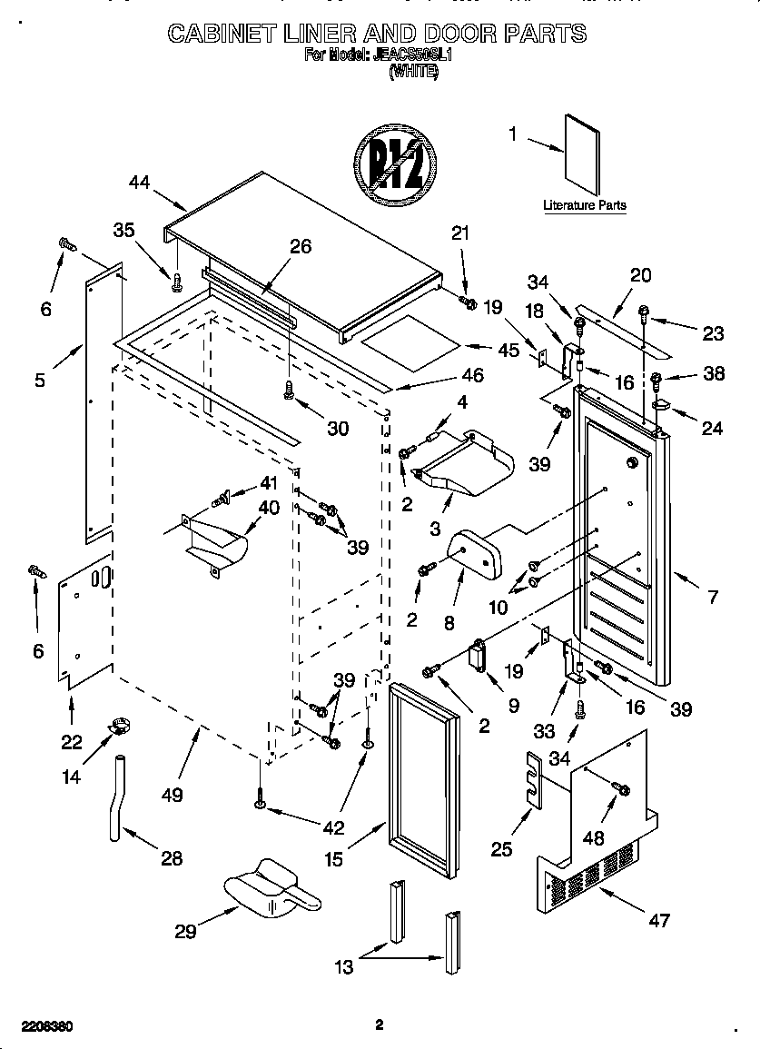 Whirlpool JEACS50SL1 cabinet liner and door diagram