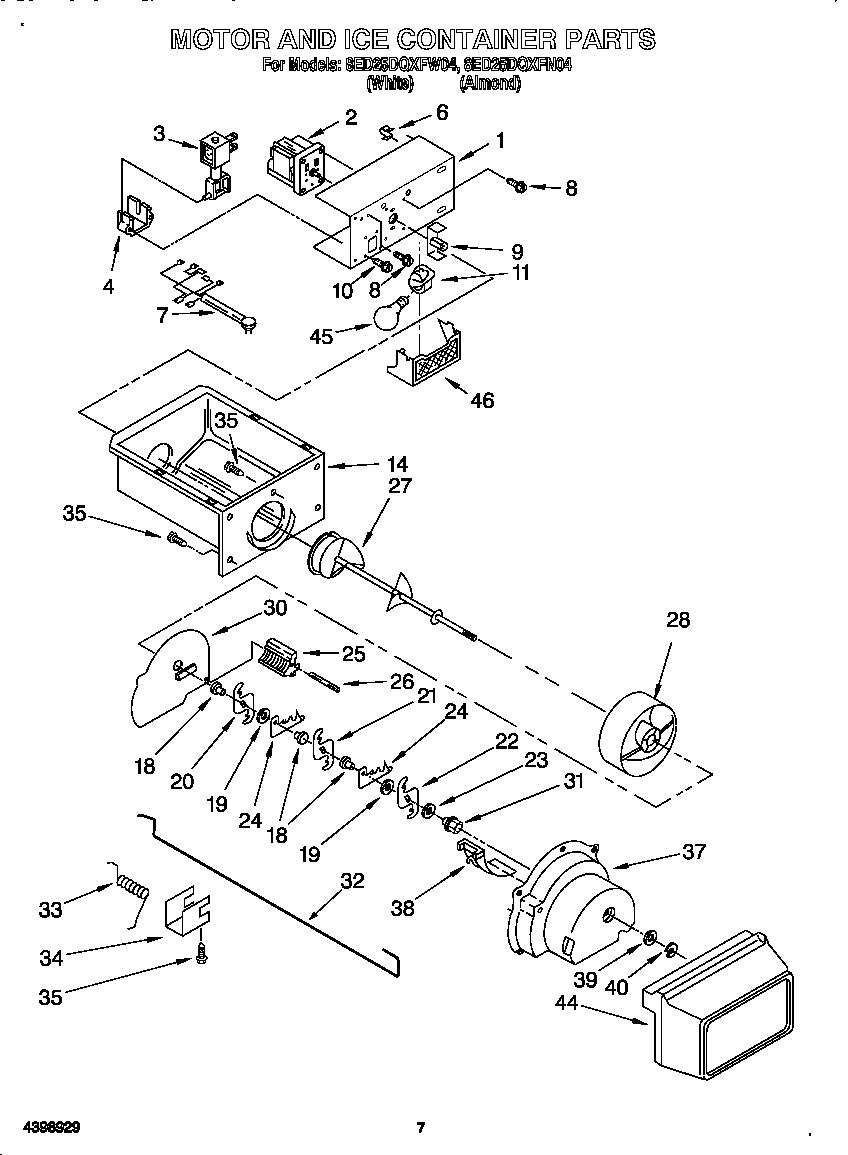 Whirlpool 8ED25DQXFW04 motor and ice container diagram