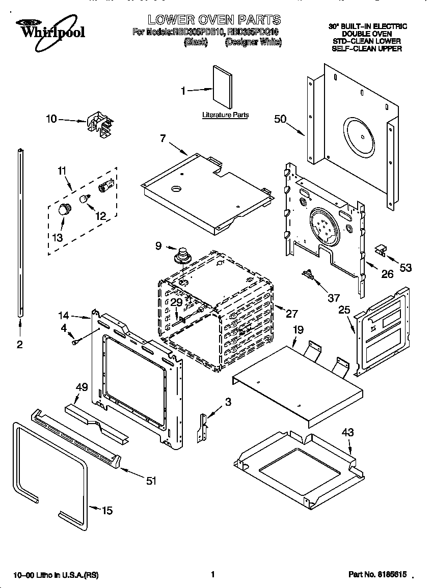 Whirlpool RBD305PDQ10 lower oven diagram