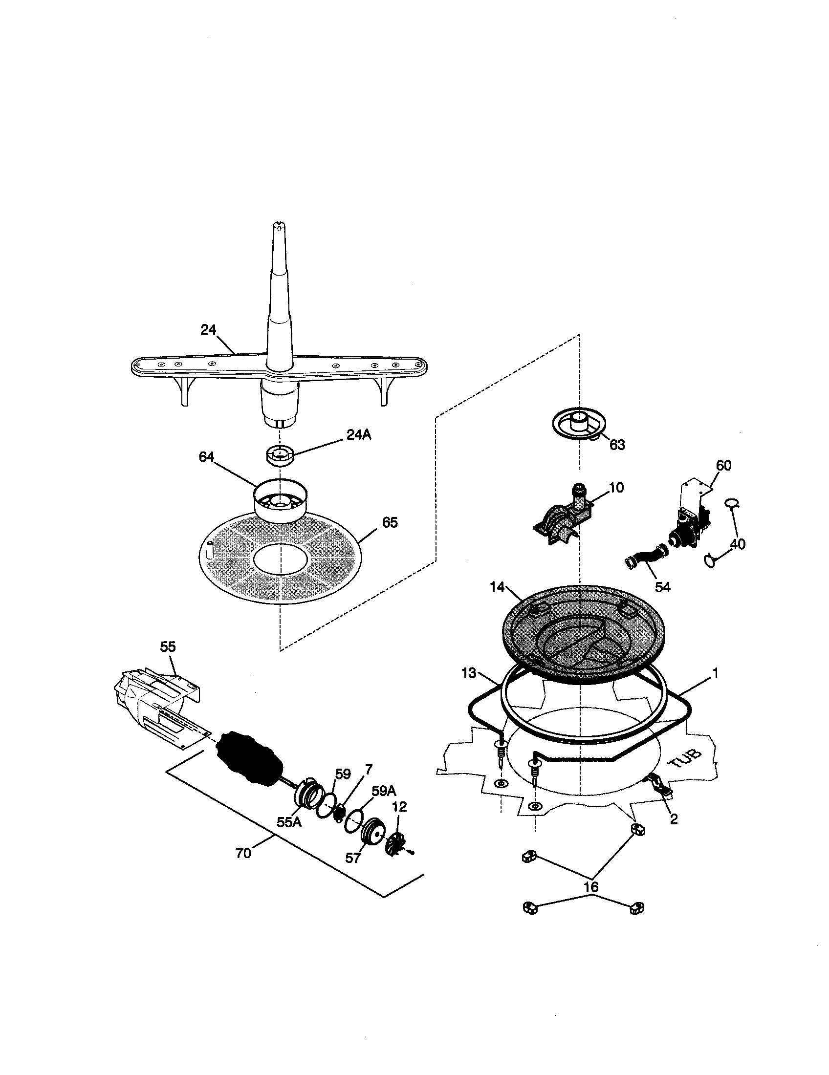 Kenmore 58714001990 motor/heater/spray arm diagram