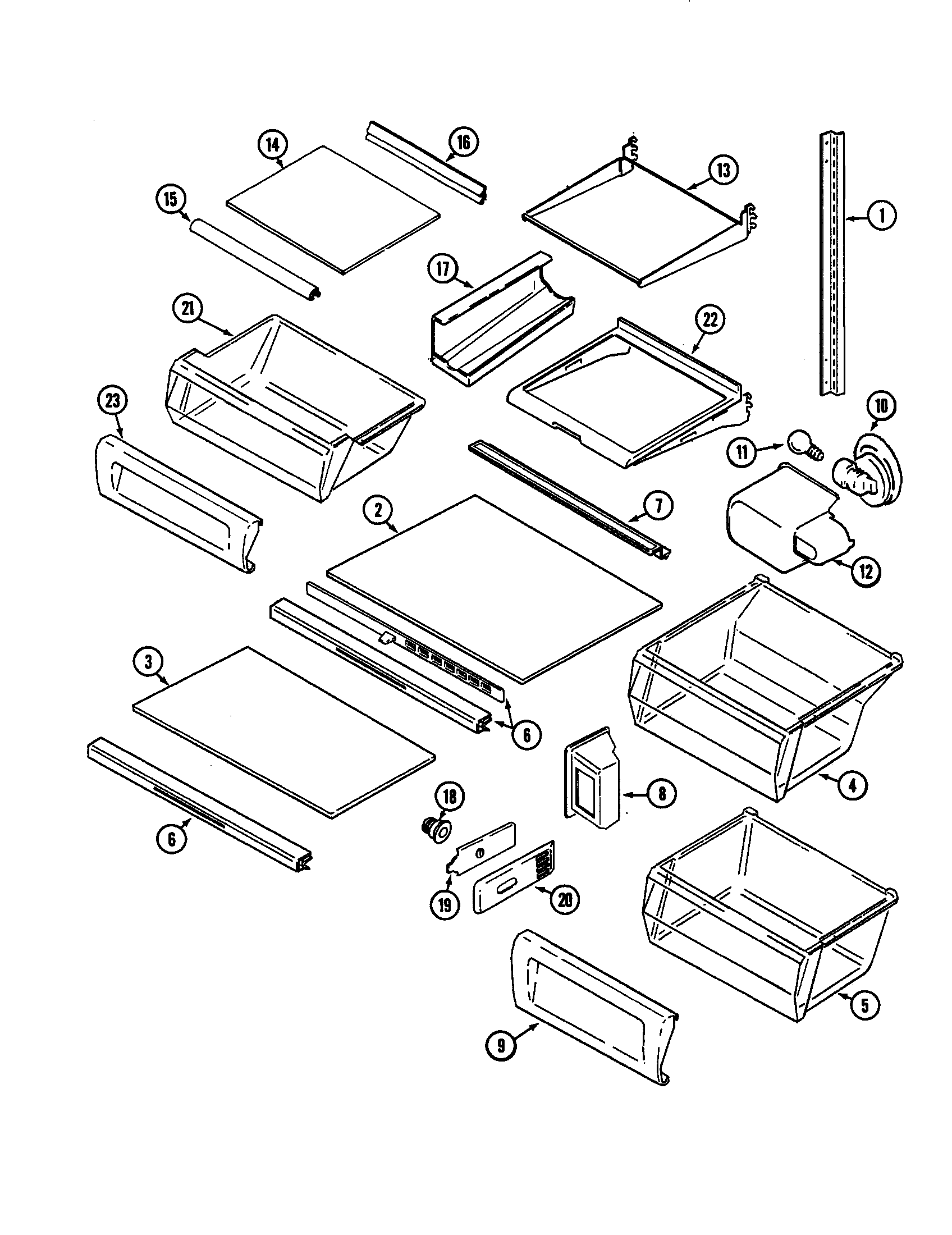 Maytag MSB2554DRA shelves and accessories diagram