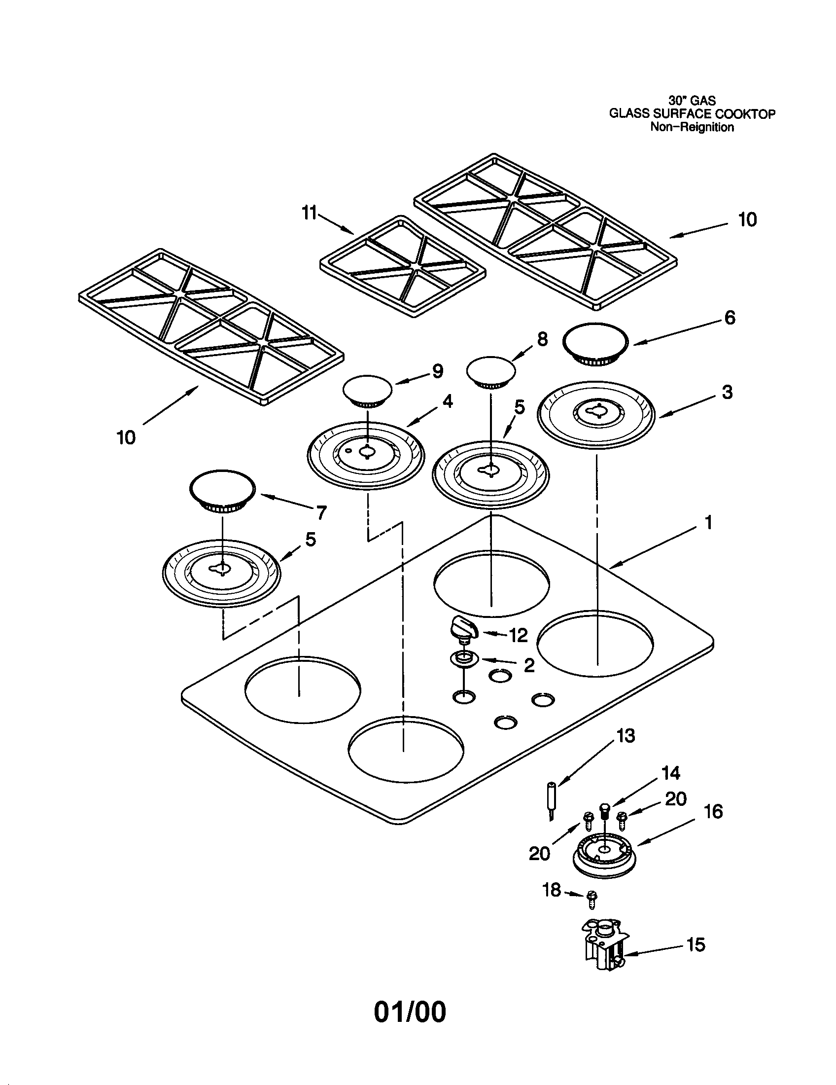 KitchenAid KGCT305GBL1 cooktop,burner and grate diagram