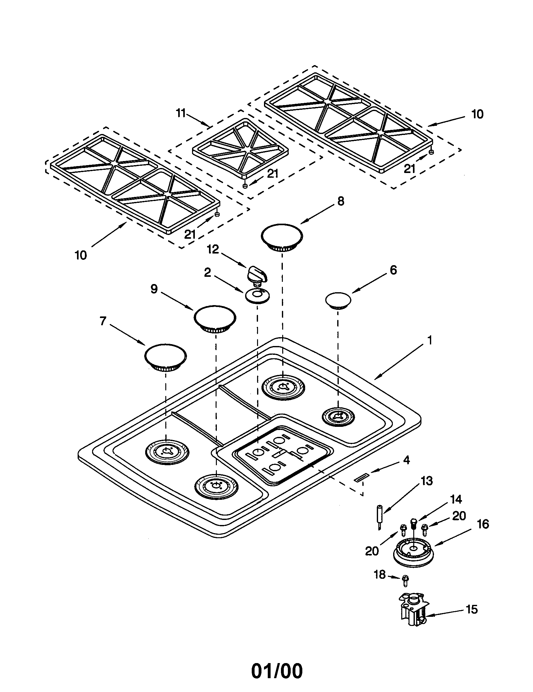 KitchenAid KGCS105GSS2 cooktop/burner/grate diagram