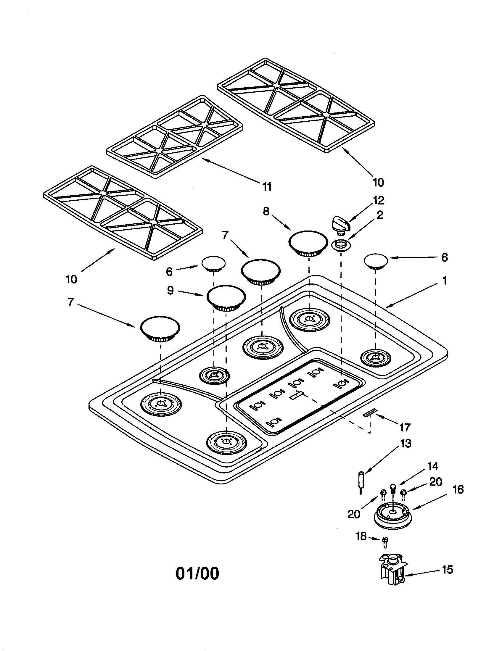 KitchenAid KGCS127GBT1 cooktop/burner/grate diagram
