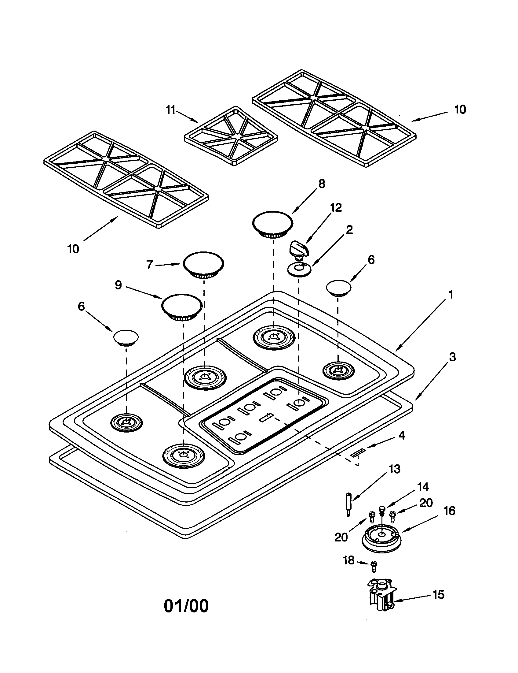 KitchenAid KGCS166GWH1 cooktop/burner/grate diagram