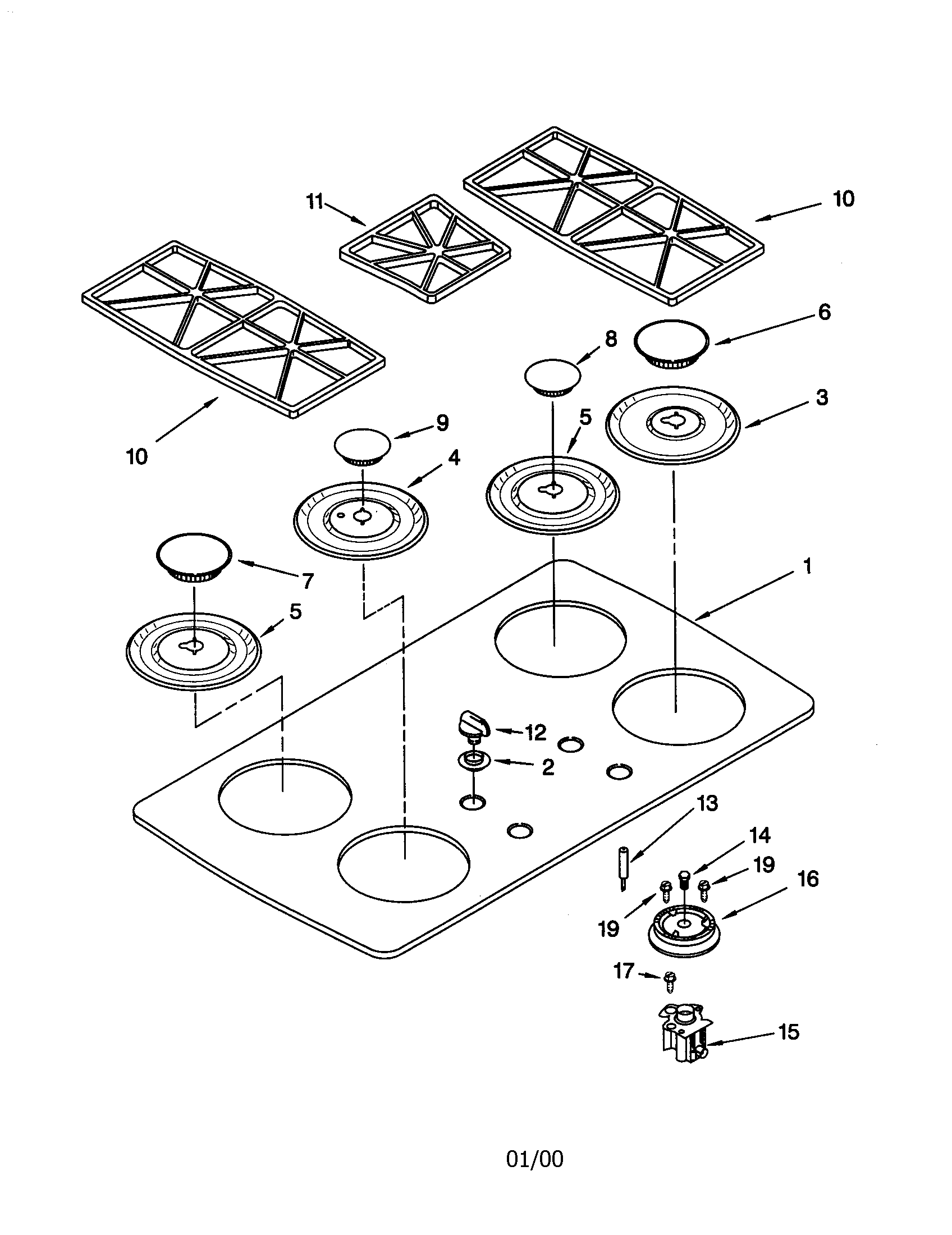 KitchenAid KGCT365GAL1 cooktop/burner/grate diagram