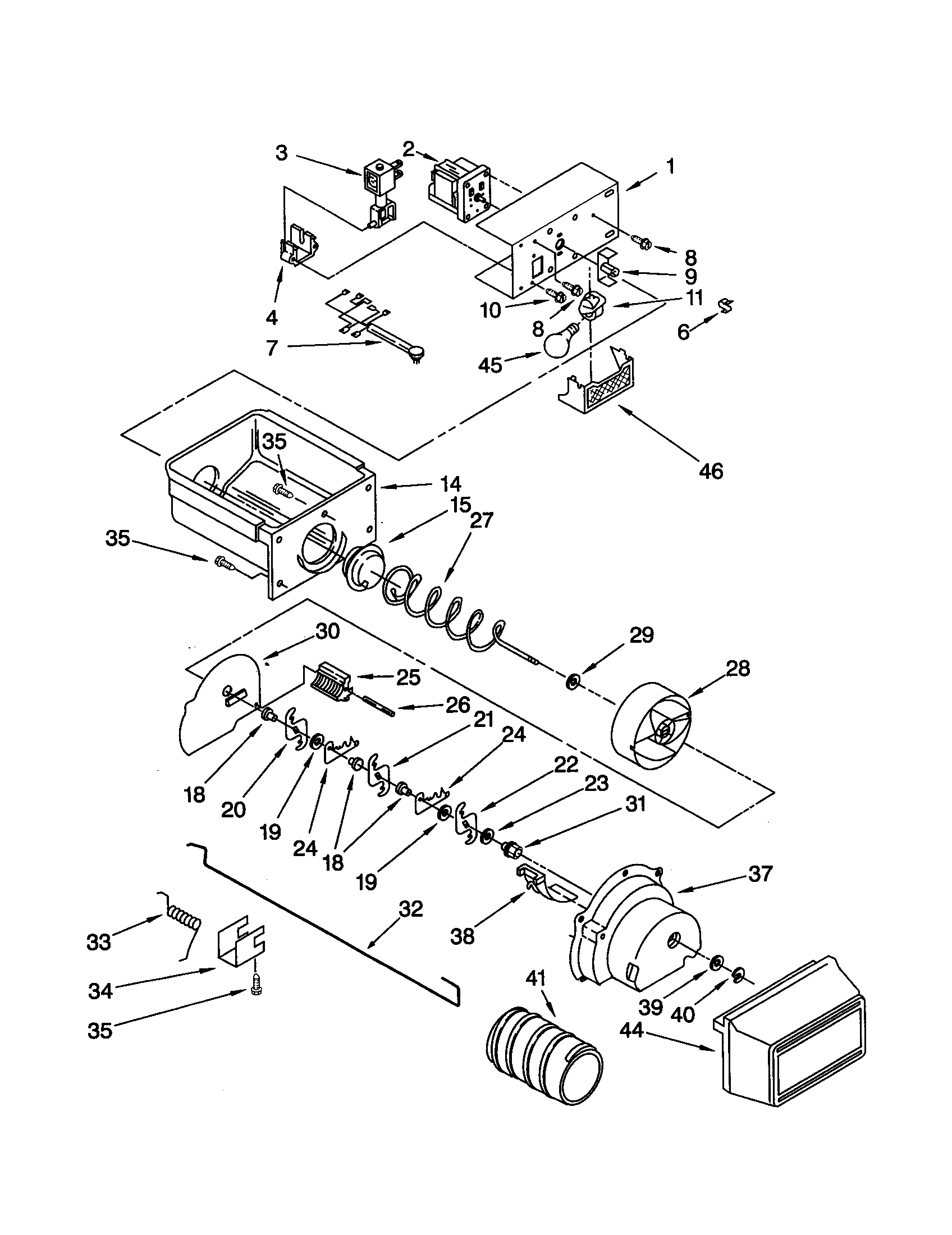 Whirlpool GD22DFXFW04 motor and ice container diagram