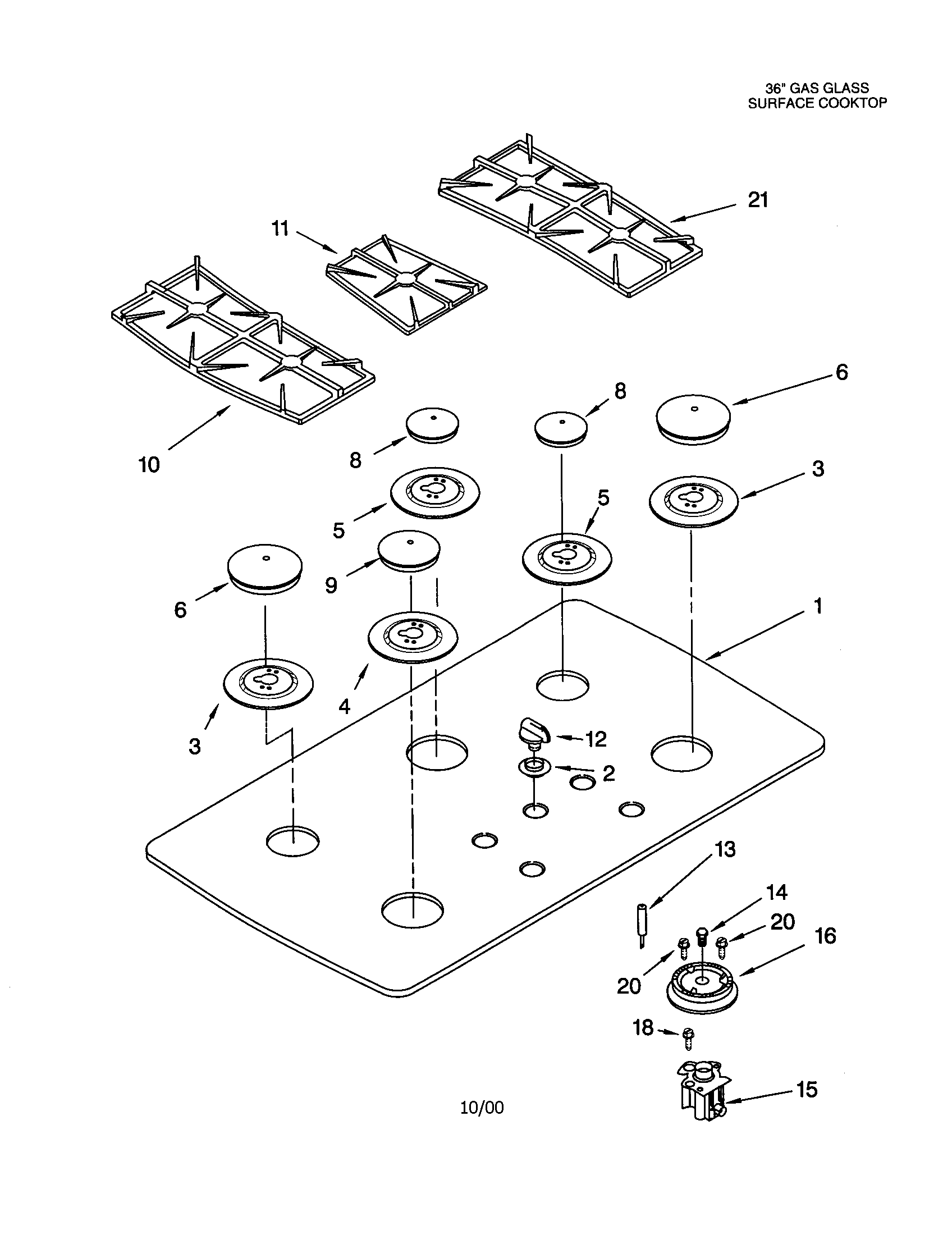 KitchenAid KGCC566HWH1 cooktop, burner, and grate diagram