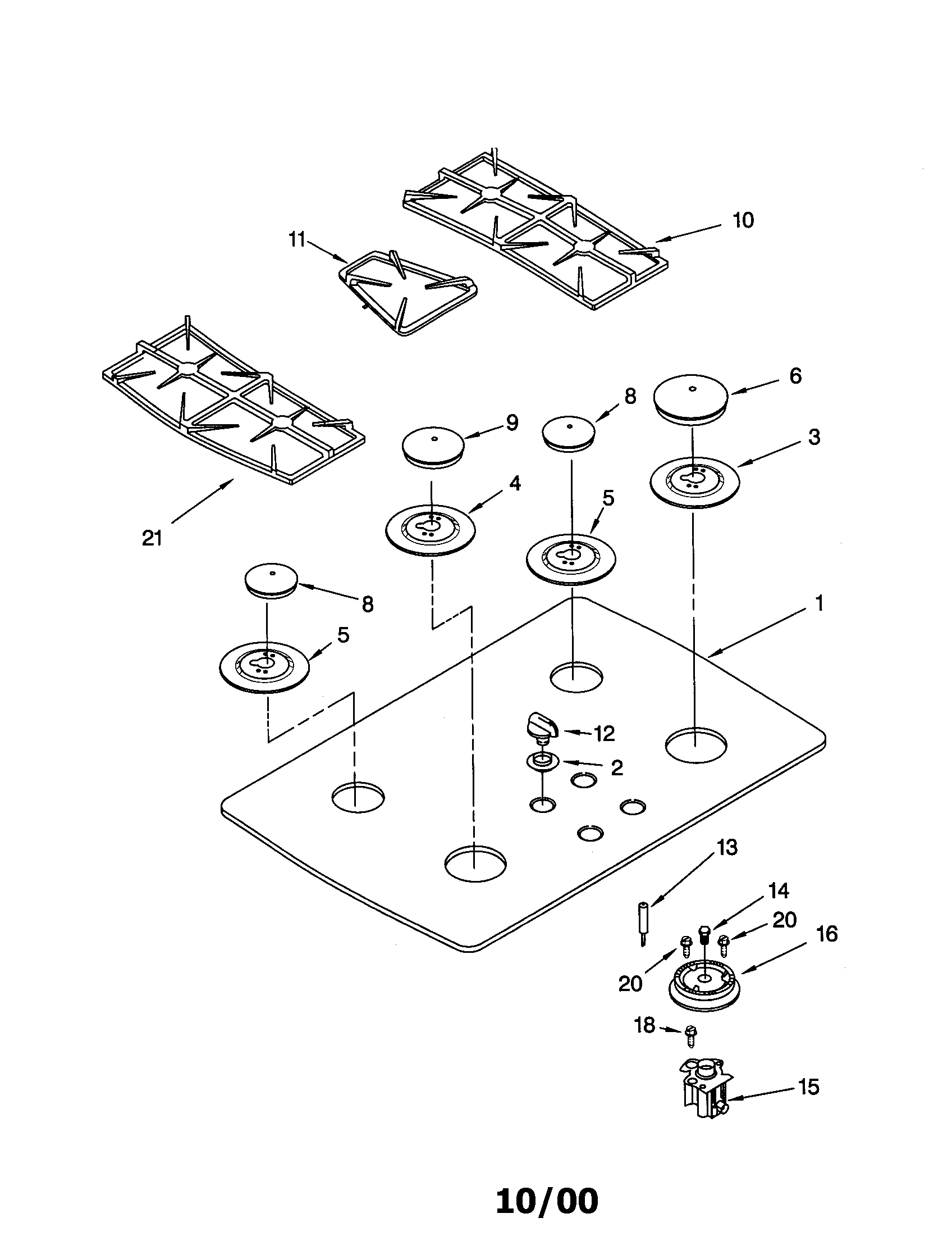 KitchenAid KGCC505HWH1 cooktop/burner and grate diagram