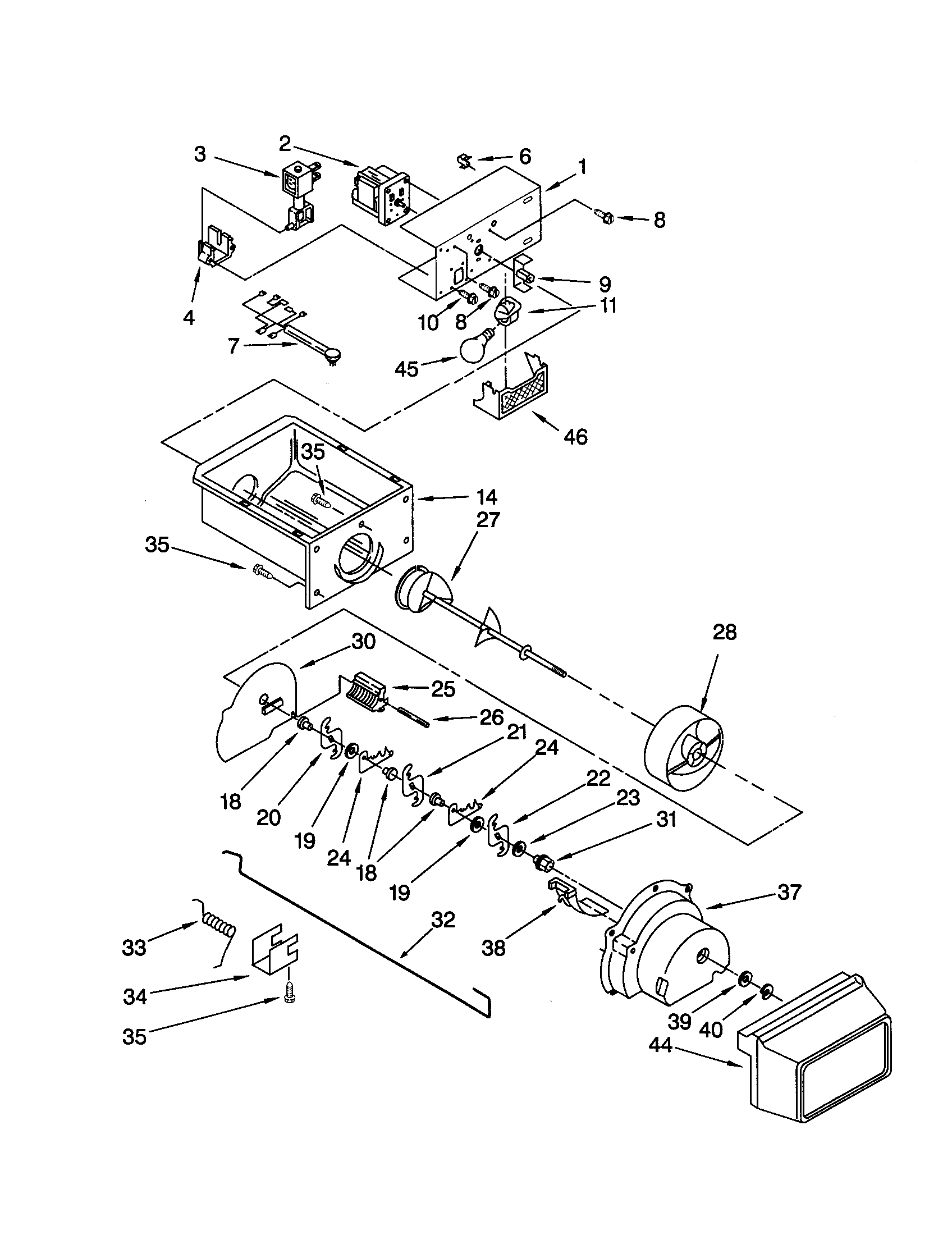 KitchenAid KSRW25FHBL02 motor and ice container diagram