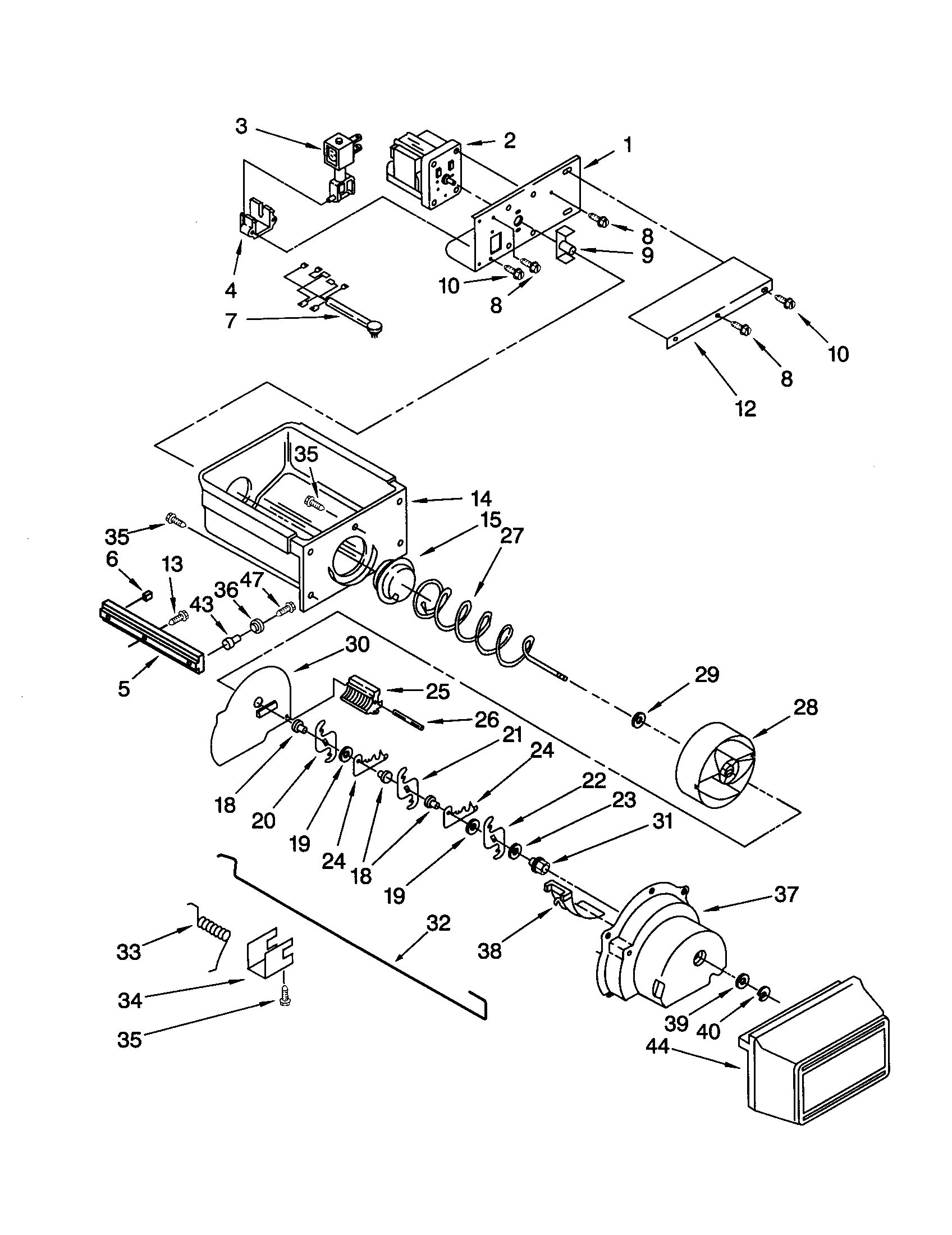 KitchenAid KSSS36QJX00 motor and ice container diagram