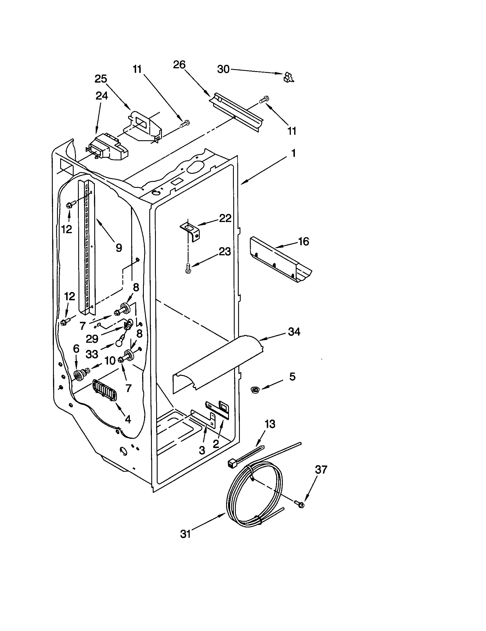 KitchenAid KSRS27FGWH04 refrigerator liner diagram