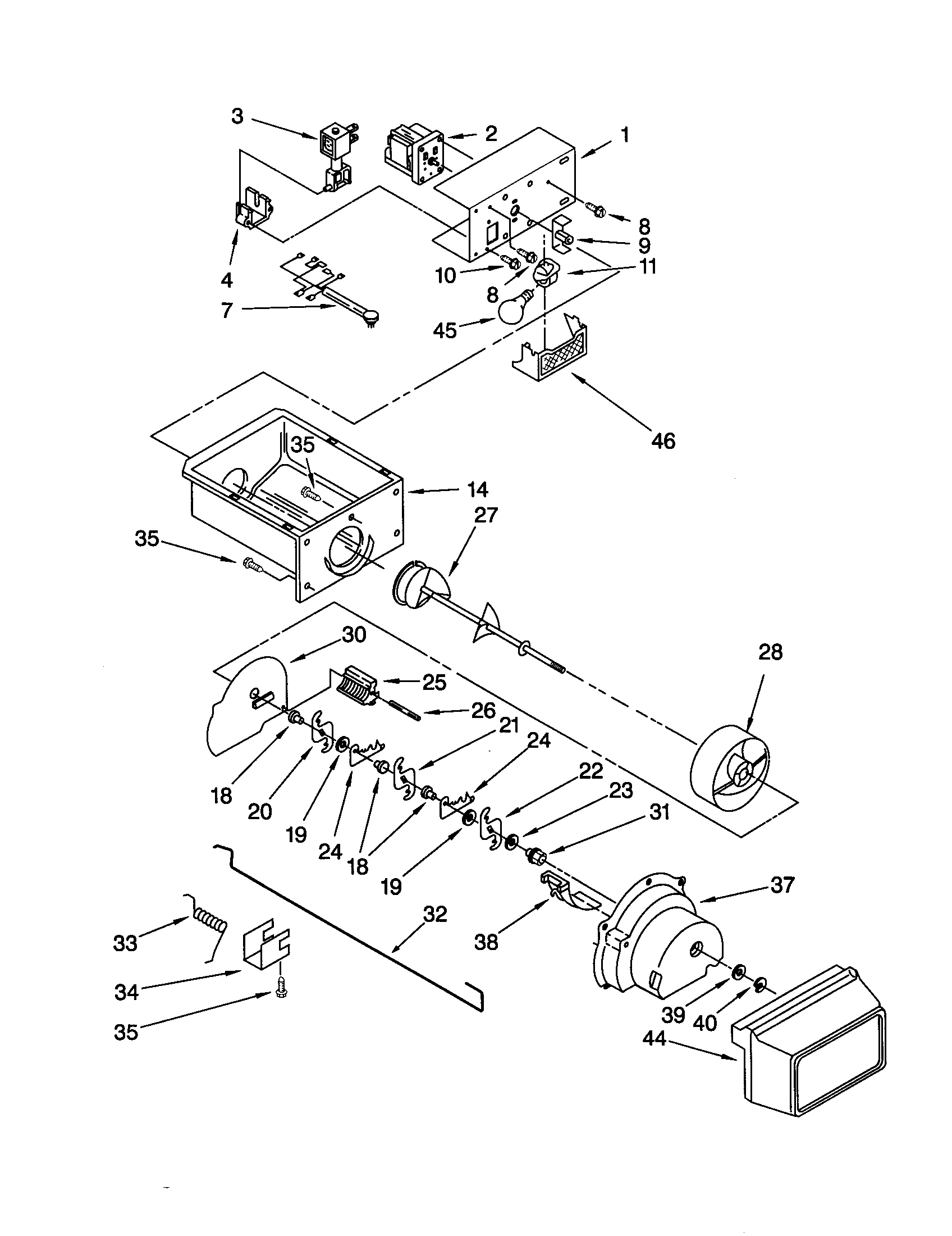 KitchenAid KSRS27FGWH04 motor and ice container diagram