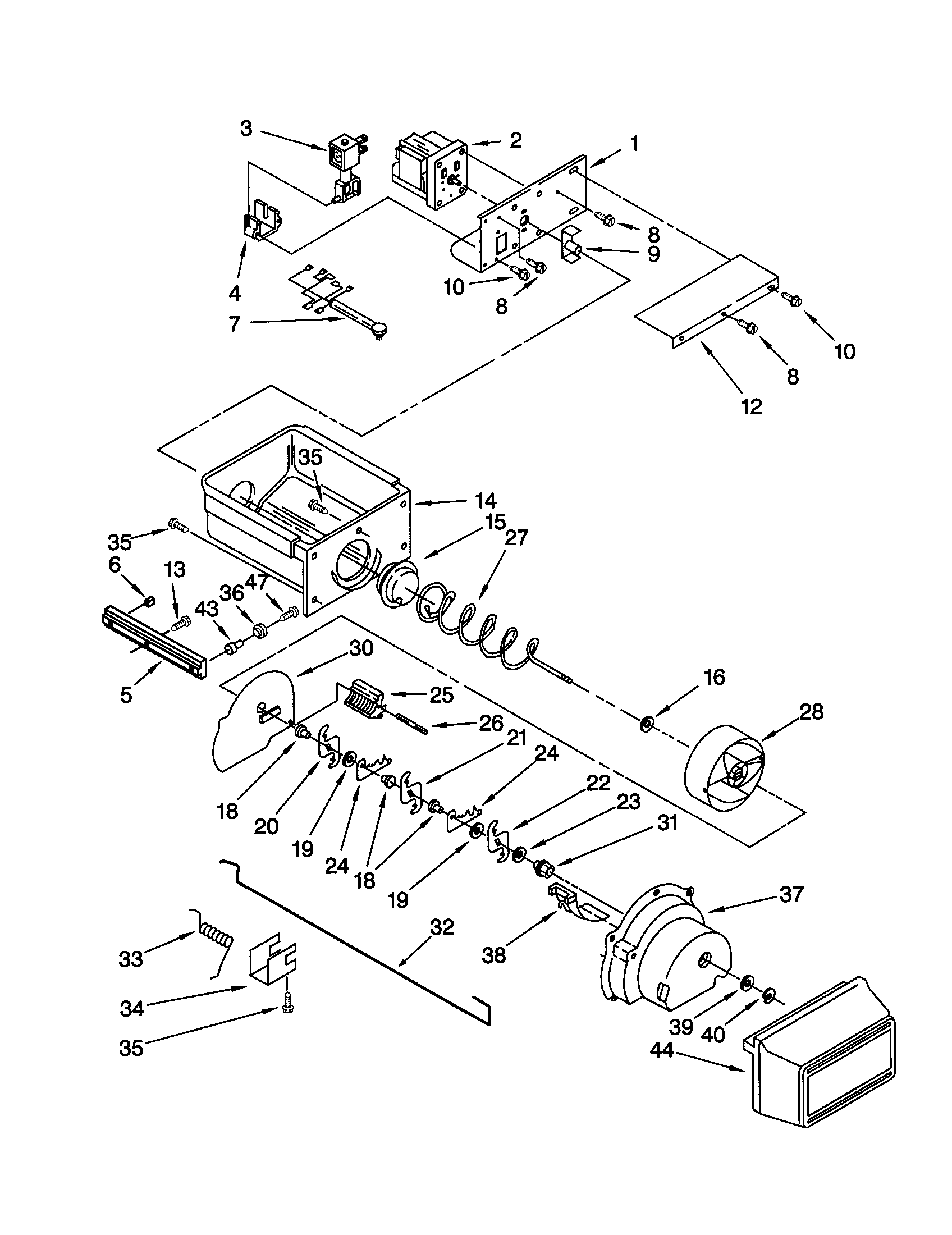 KitchenAid KSSS48QJX00 motor and ice container diagram