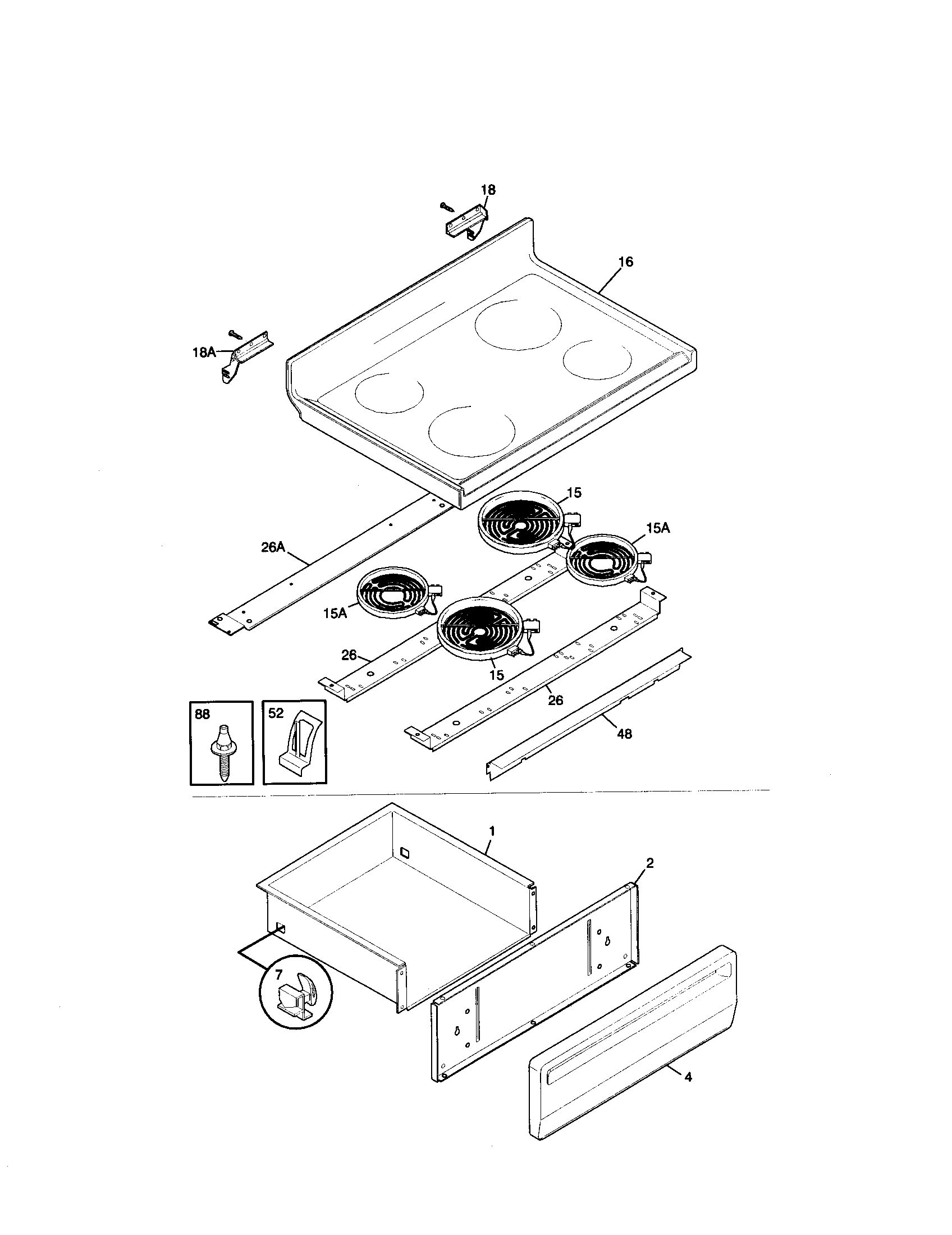 Tappan TEF365BHDA top/drawer diagram