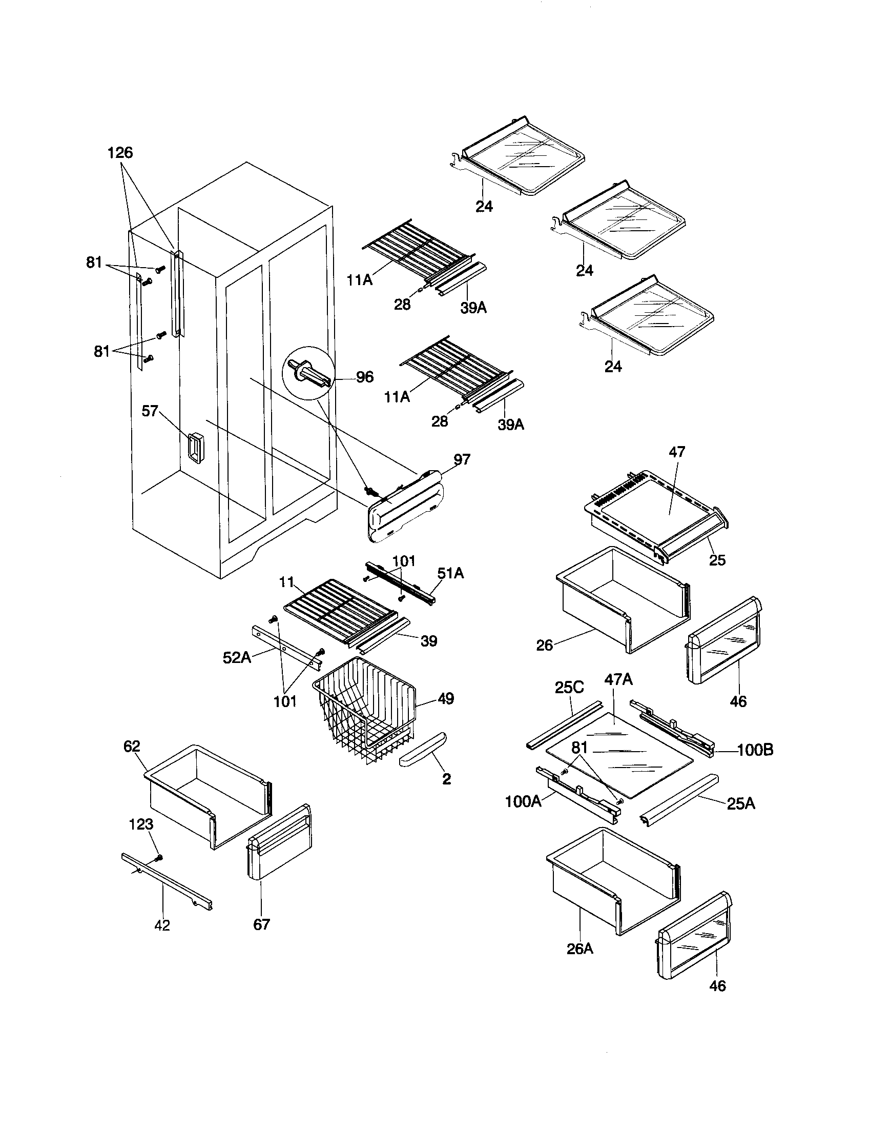 Frigidaire FRS26KR4JQ0 shelves diagram