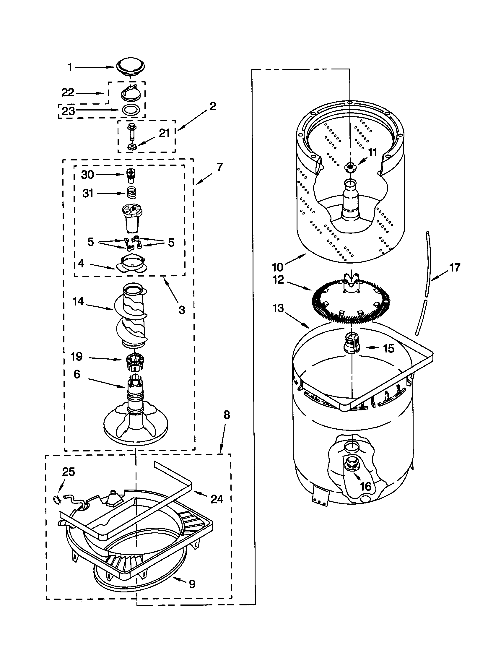 Kenmore 11020972993 agitator, basket and tub diagram