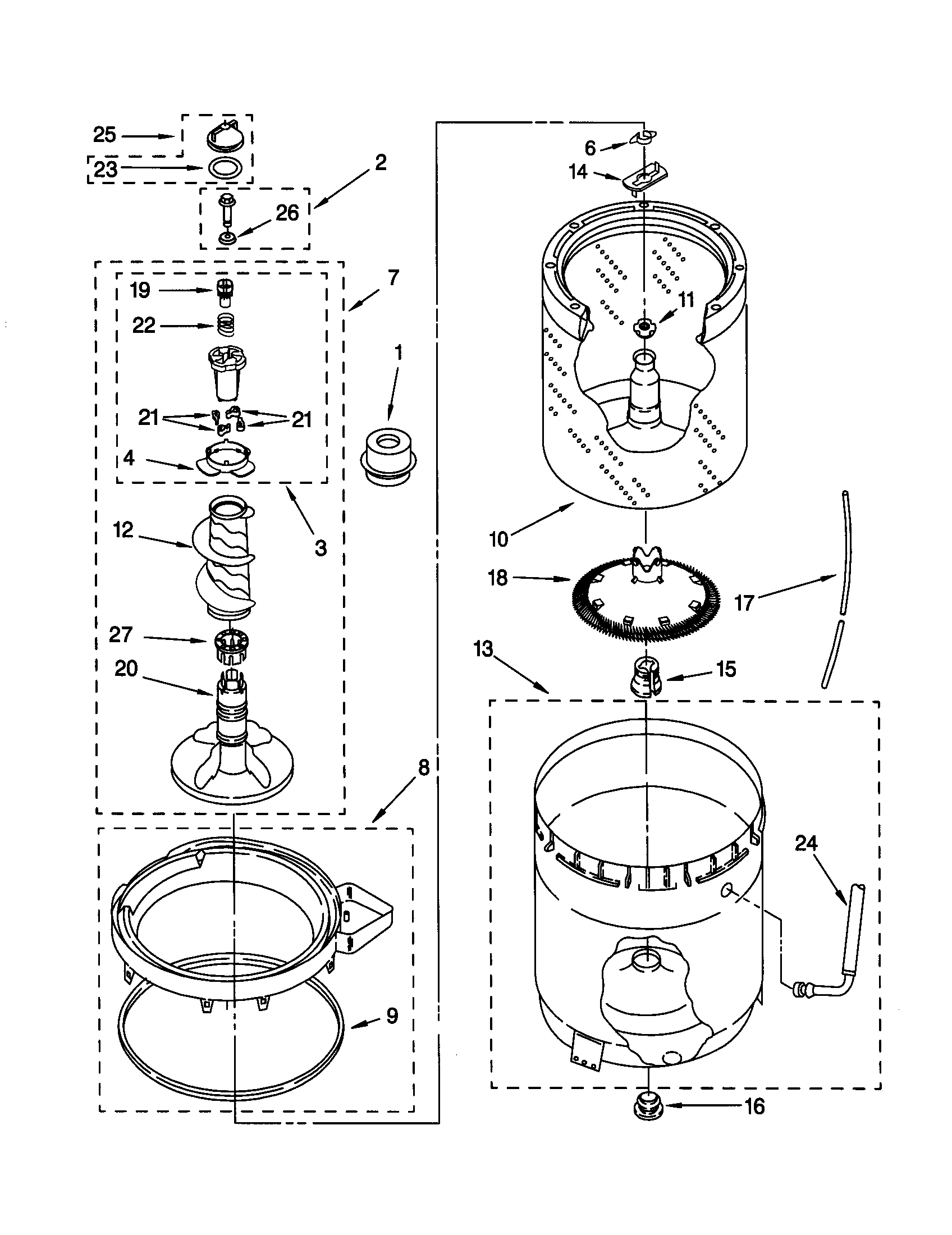 Kenmore 11020954992 agitator, basket and tub diagram