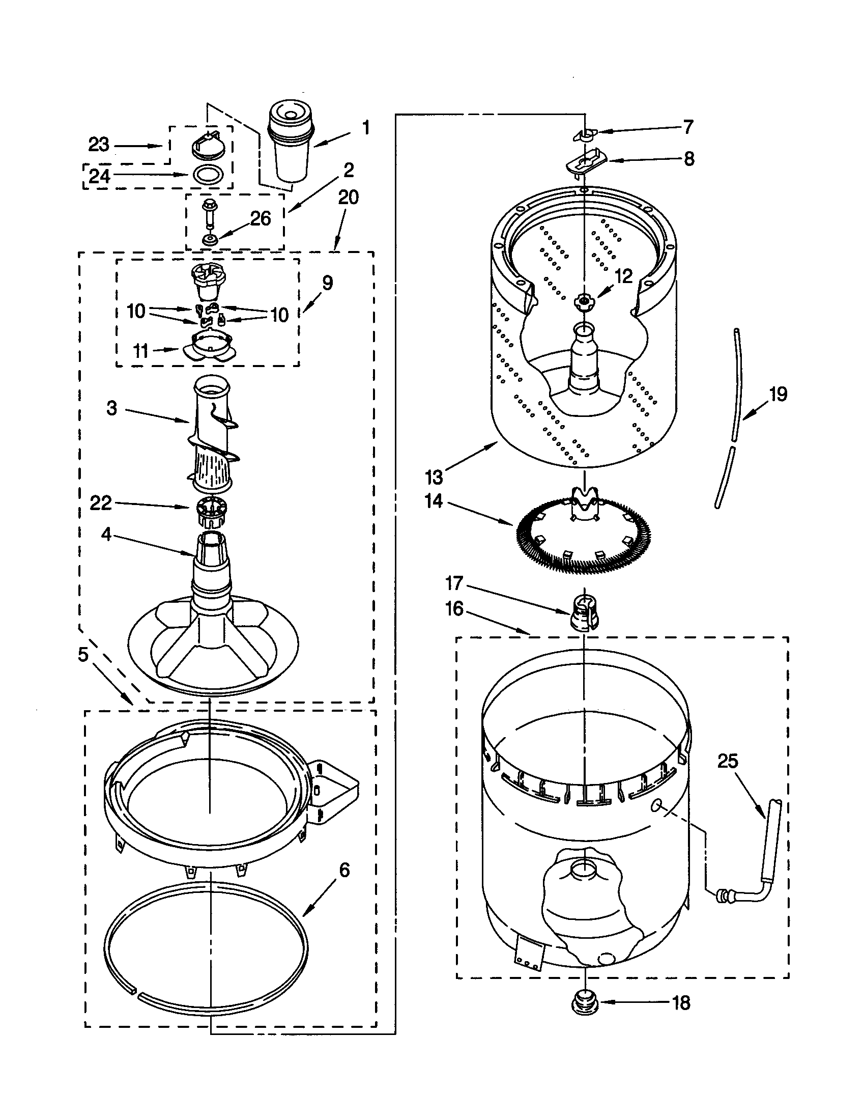 Whirlpool LSN1000JT0 agitator, basket and tub diagram