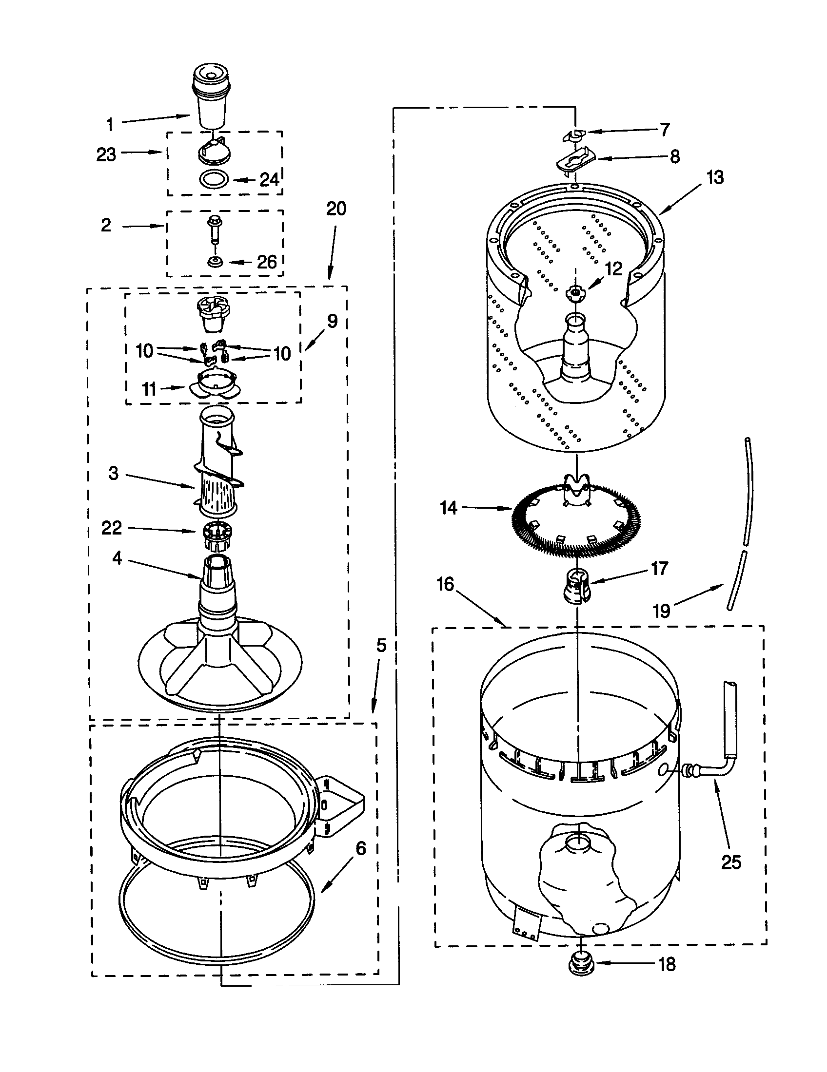 Whirlpool LSQ8500JQ0 agitator, basket and tub diagram