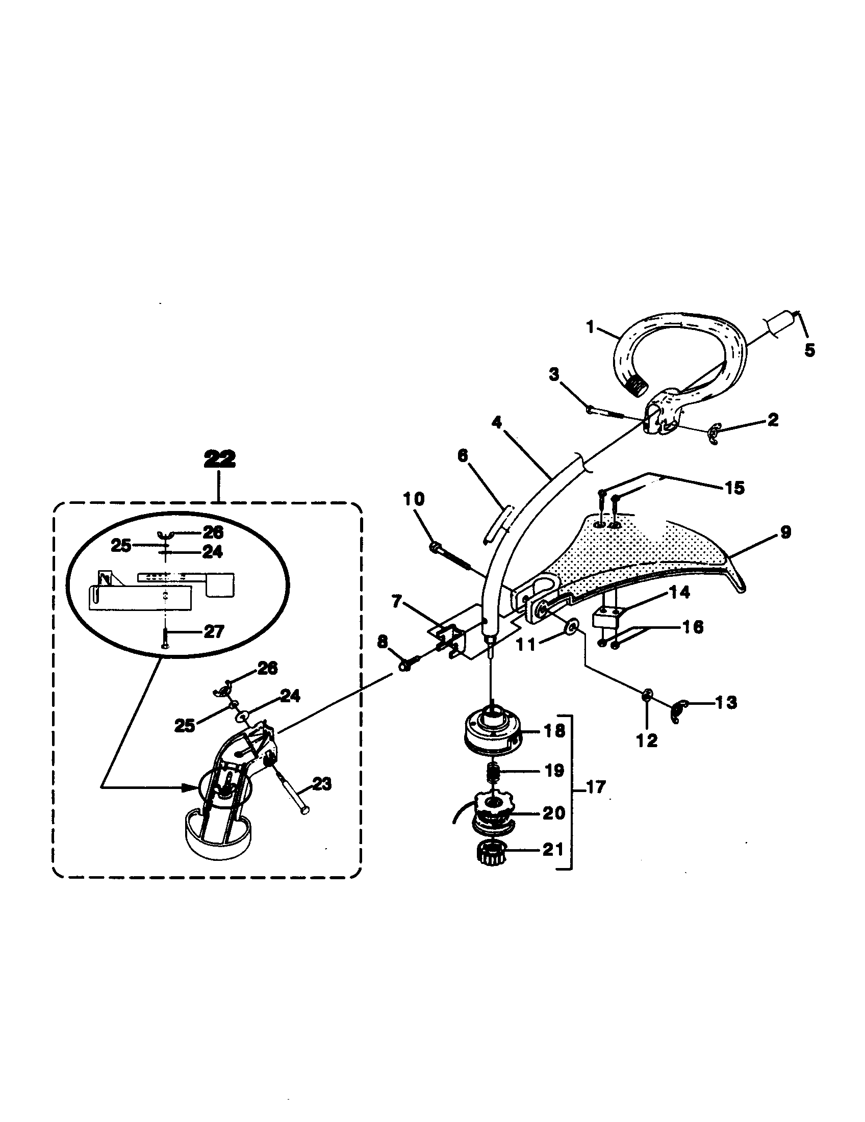 Homelite UT20702 shaft/spool-string/grass deflector diagram