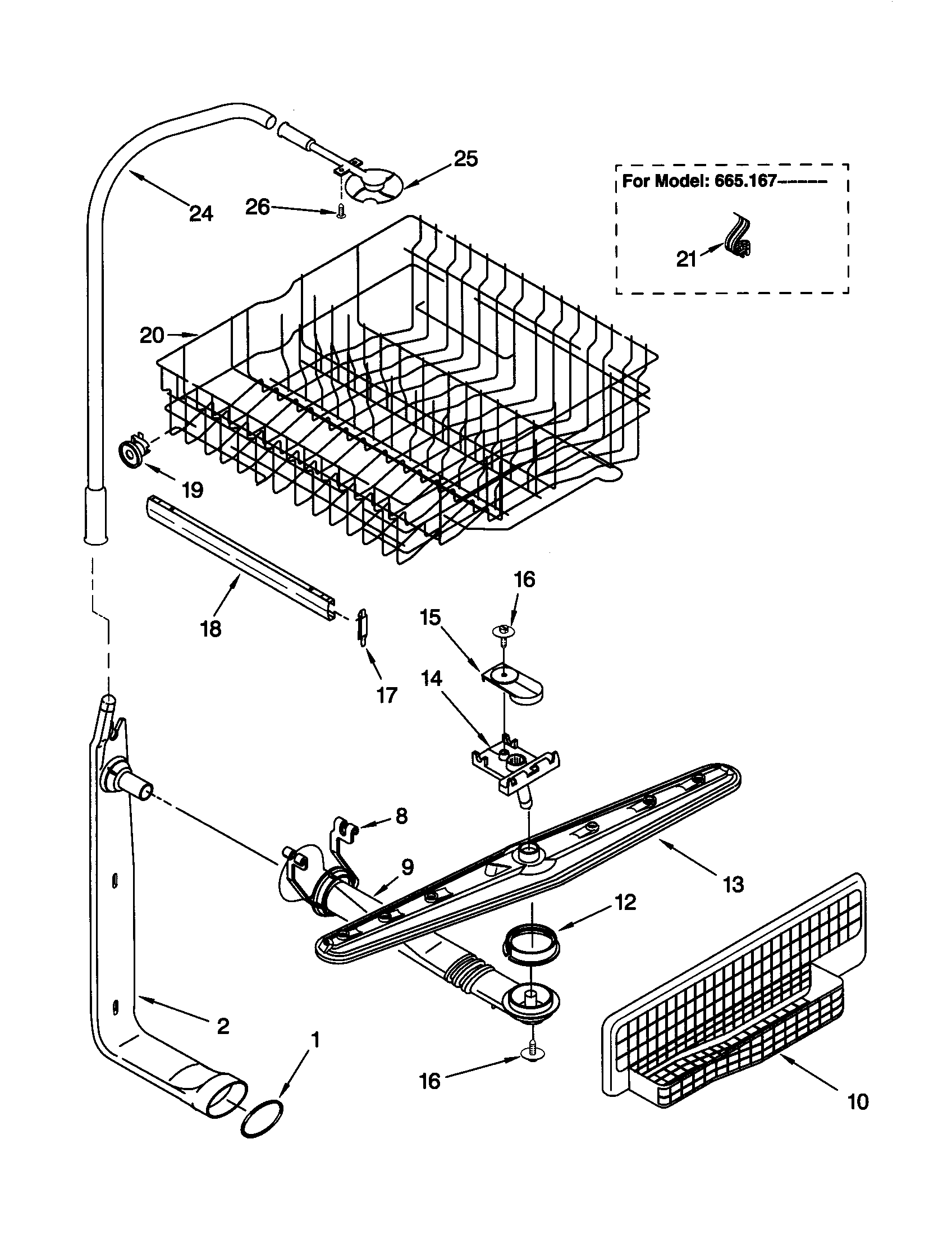 Kenmore 66516722990 upper dishrack and water feed diagram