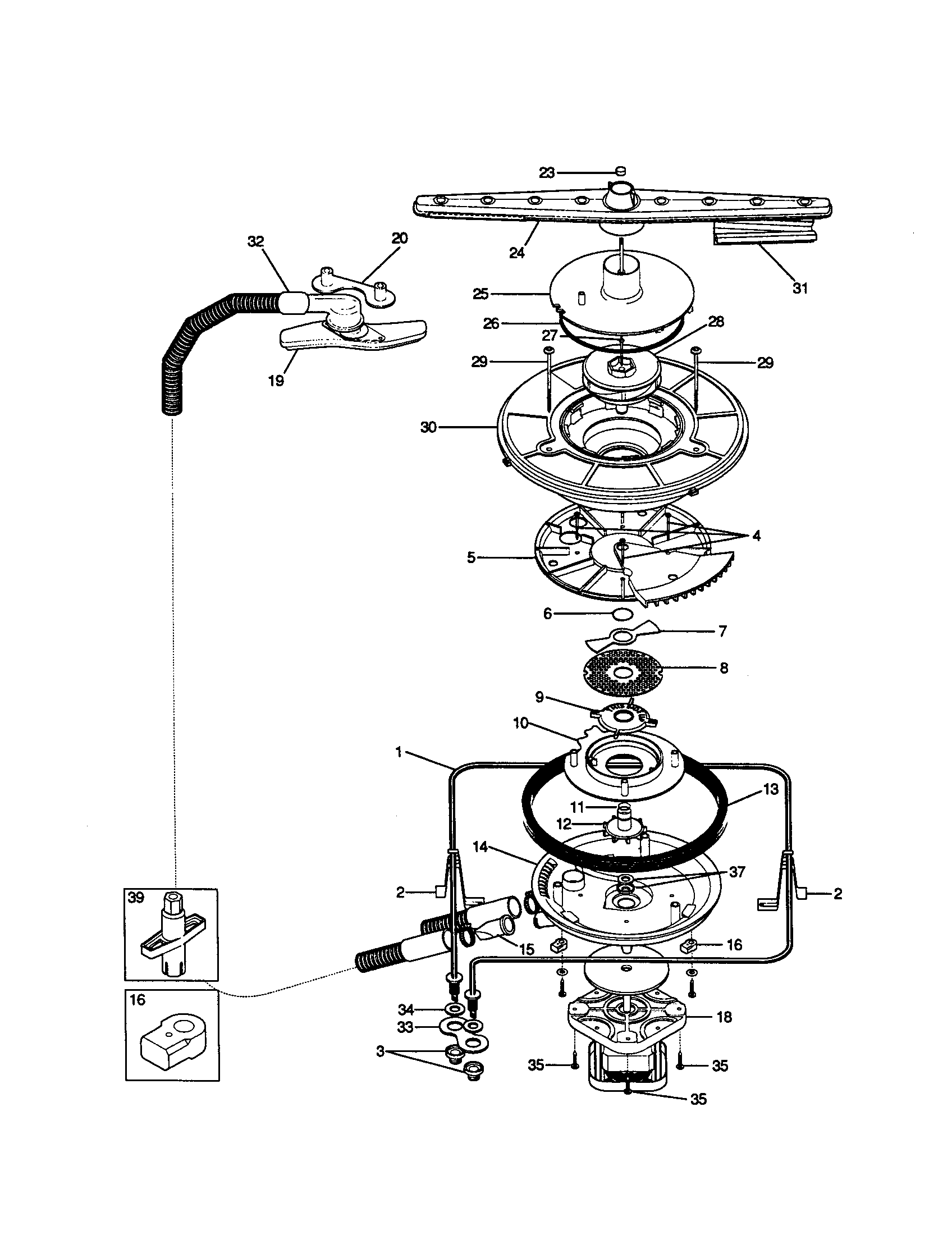 Frigidaire FDB765RBB0 upper spray arm and motor diagram