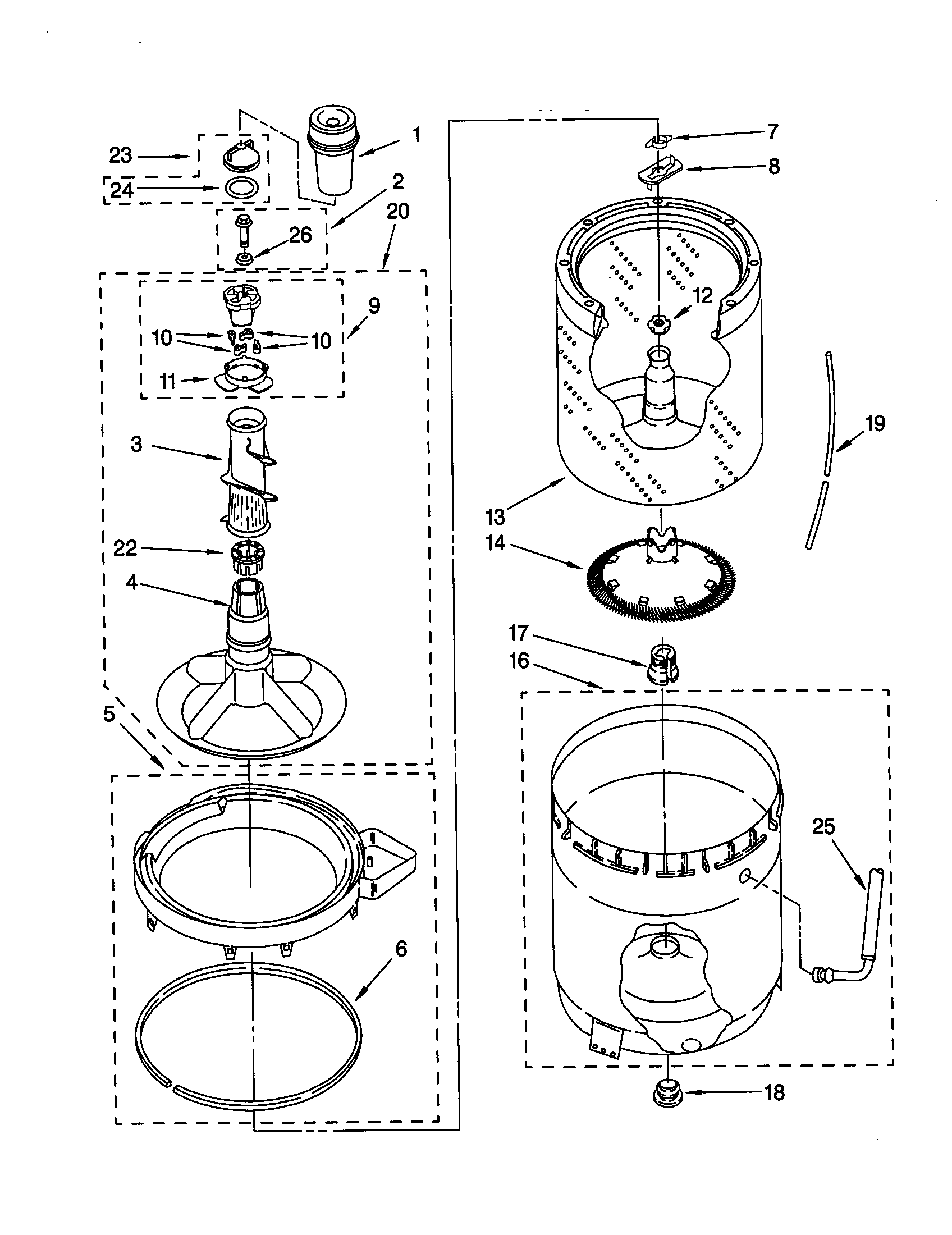 Whirlpool LSQ8543JQ0 agitator, basket and tub diagram