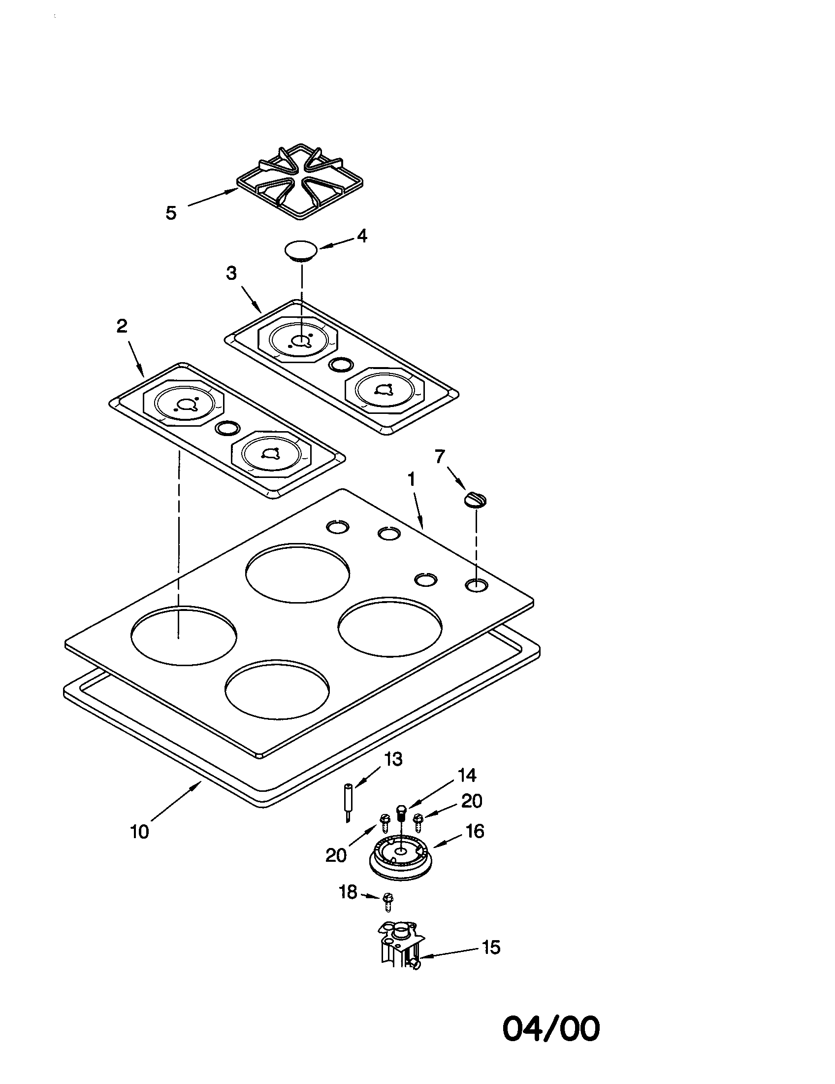 Whirlpool GLT3014GZ0 cooktop, burner and grate diagram
