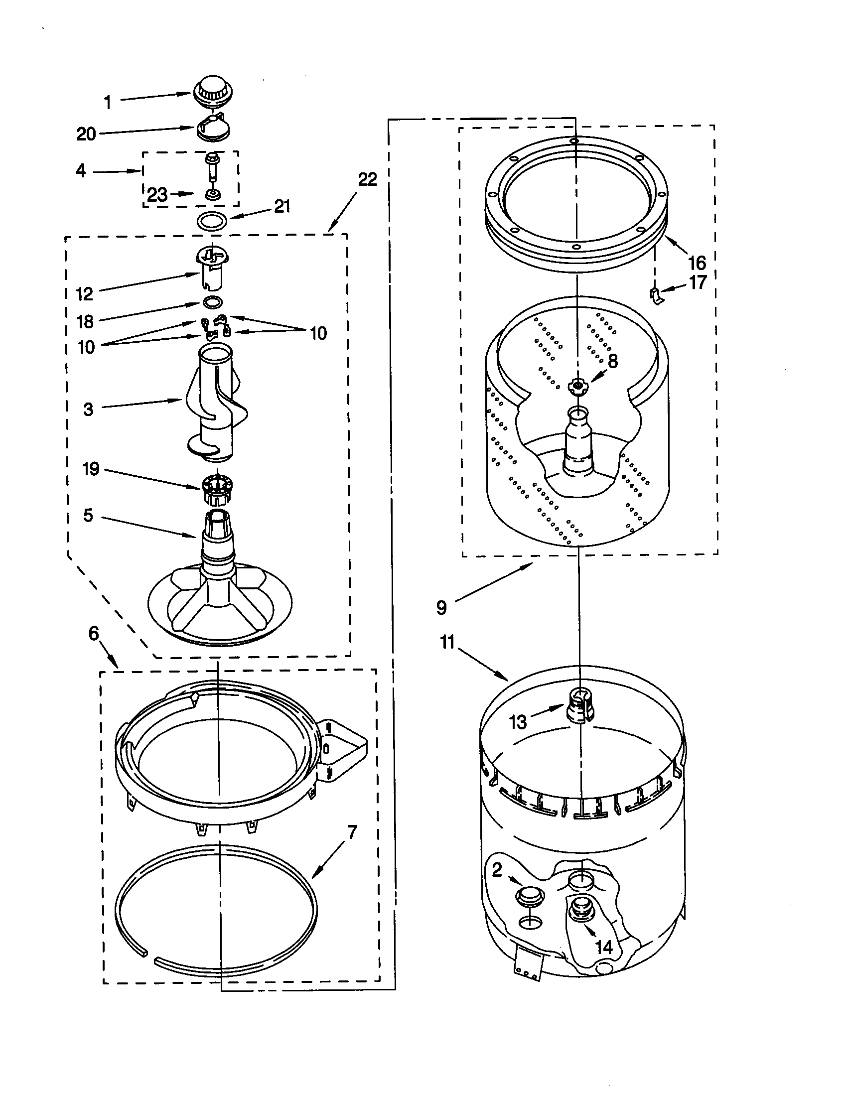 Whirlpool CAP2762EW1 agitator, basket and tub diagram